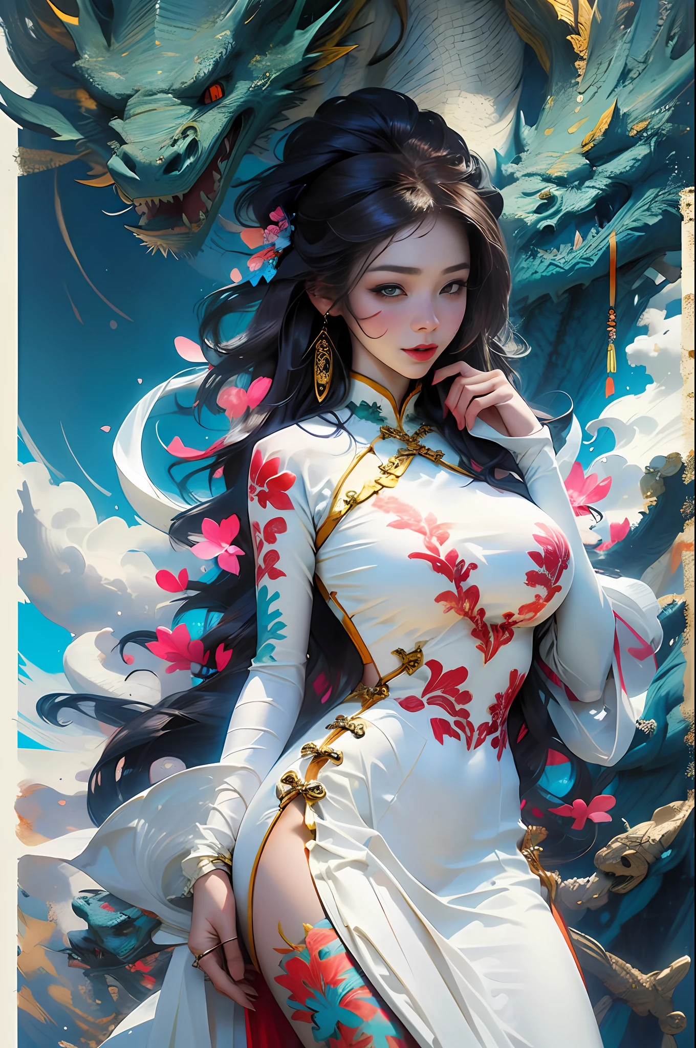 A beautiful girl, 22 years old, sexy theme, perfect face shape, oversize model, mature woman, tall long legs, (((super huge breasts))), (((glazed pupils))), long messy hair, happy, hand details, finger details, beautiful anime Huaifu style girl, super detailed painting, luminescism, art concept art by Kahn Griffith and Vadim Kashin, abstract beauty, standing, close to perfection, pure form, golden ratio, concept art, by Brian Froud, Carne Griffiths, Wadim Kashin and John William Waterhouse, intricate detail, 16k post-production, high resolution, hyperdetail, Artstation trend, sharp focus, studio photos, intricate detail, high detail,She wears the traditional Vietnamese dress ao dai , ao dai Vietnamese,She has big breasts, saggy breasts,She has beautiful big round eyes ,Double eyelid