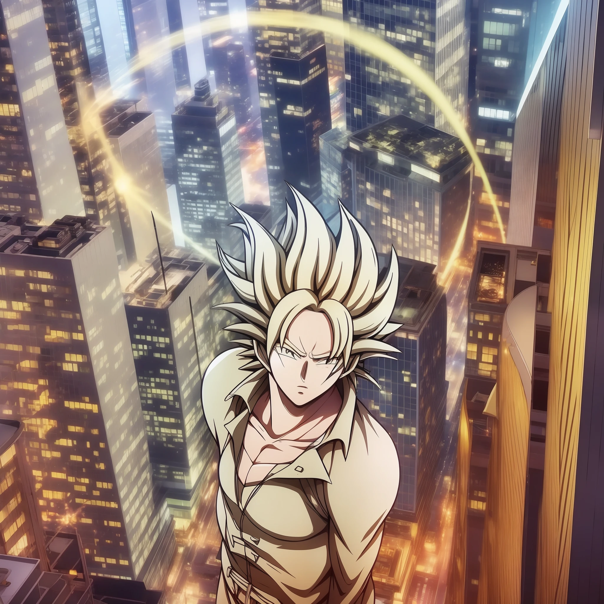 Standing in a skyscraper，城市，buildings，The Car，the street。Super Saiyan 2 hands spun into the sky and spewed a blue beam of light above the oval，