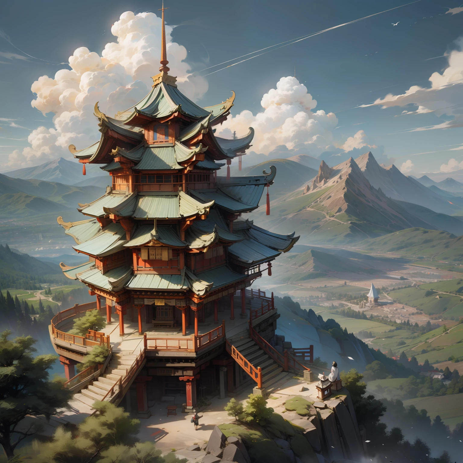 Meteora, Chinese style architecture, rock mountain, rock wall, the woods, clouds, sky, Temple on a rocky mountain