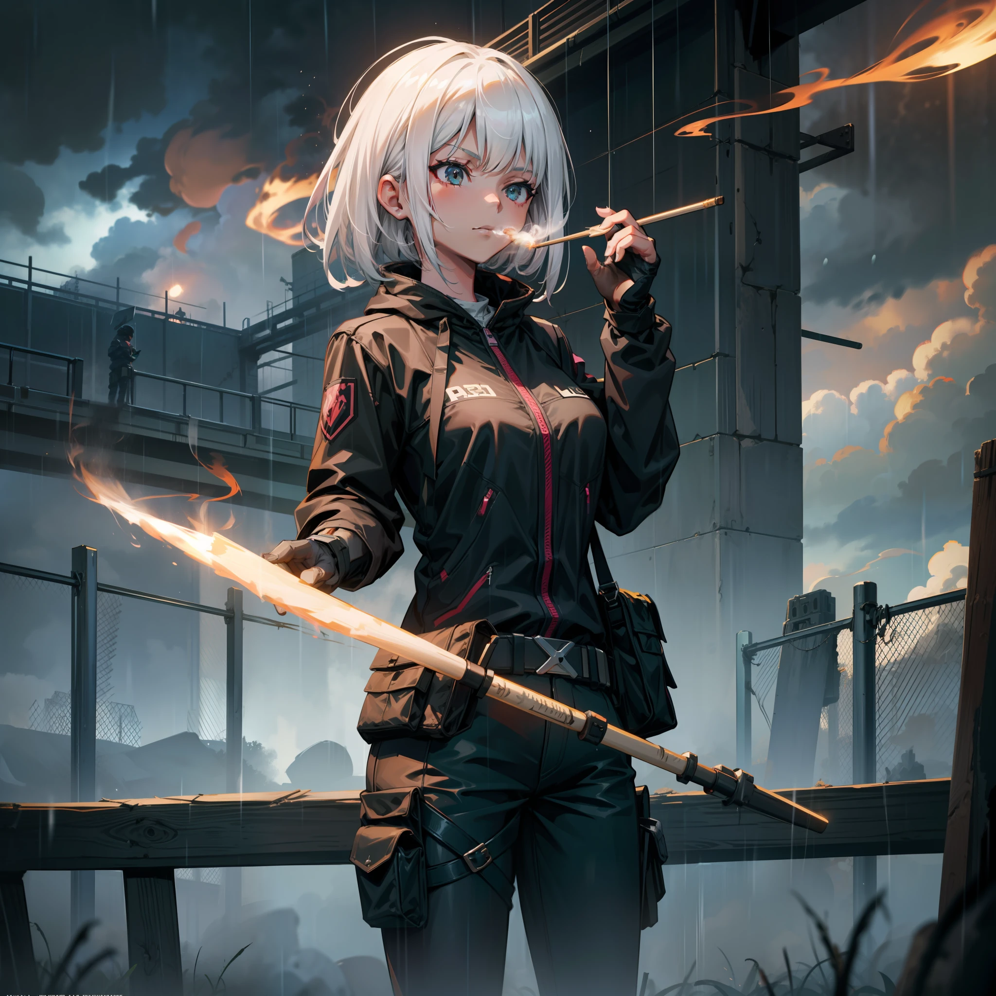 White-haired girl in tactical gear，a beauty girl，White hair，In the blockade zone，Doomsday style，rainy sky，Barbed wire fence，light stick，Smoke sticks，The girl holds up the smoke stick to release the smoke，Redemption，4k，Masterpiece，high high quality