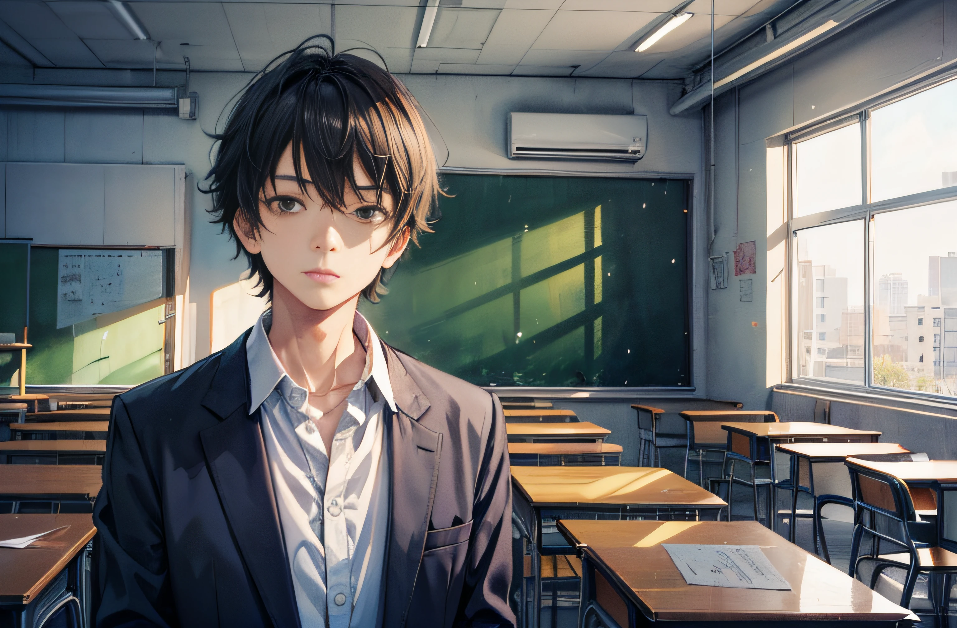 Miyazaki's painting style，of a guy，in blouse wearing，Stand in front of classrooms and podiums，