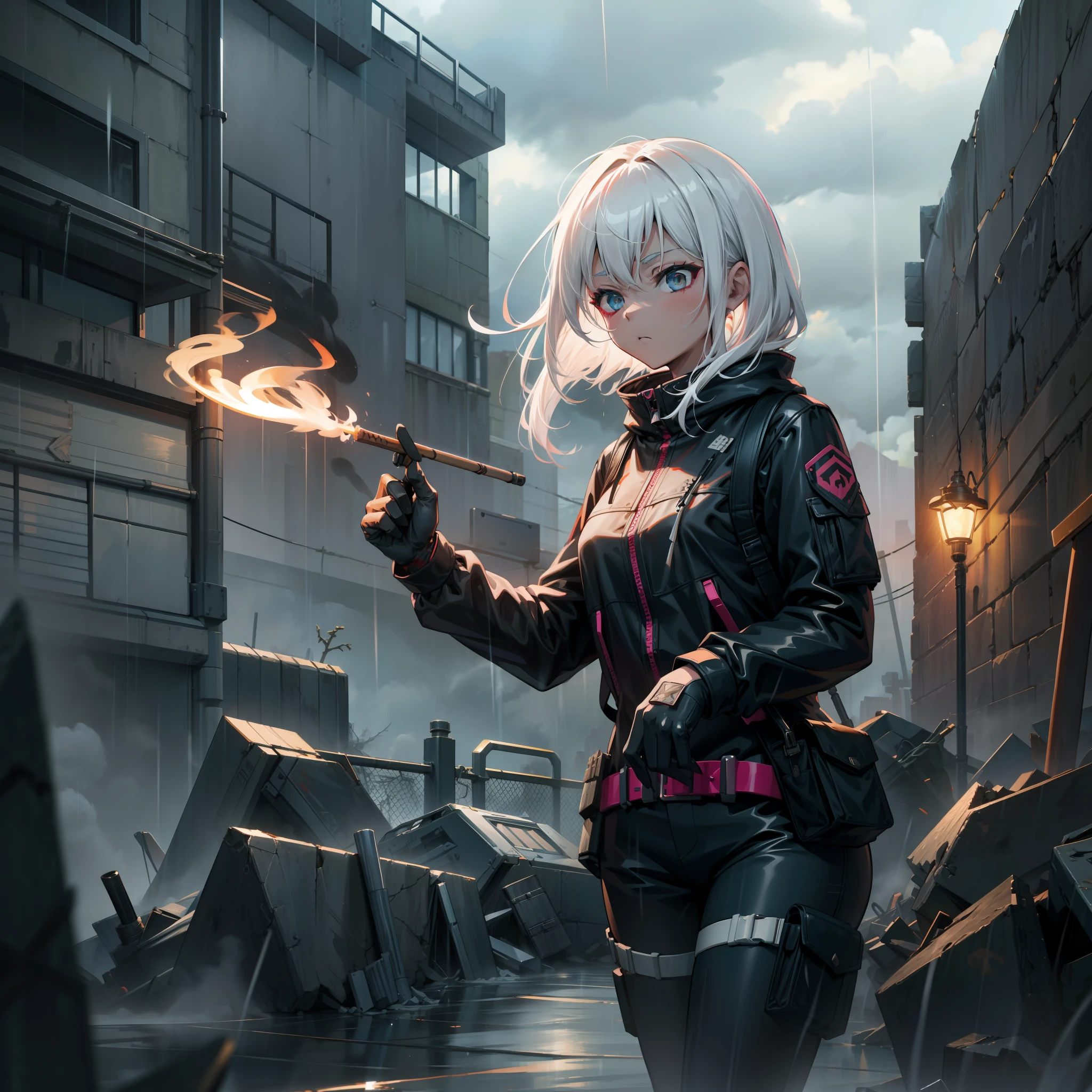 White-haired girl in tactical gear,a beauty girl,White hair,In the blockade zone,Doomsday style,rainy sky,Barbed wire fence,light stick,Smoke sticks,The girl holds up the smoke stick to release the smoke,Redemption,4k,Masterpiece,high high quality