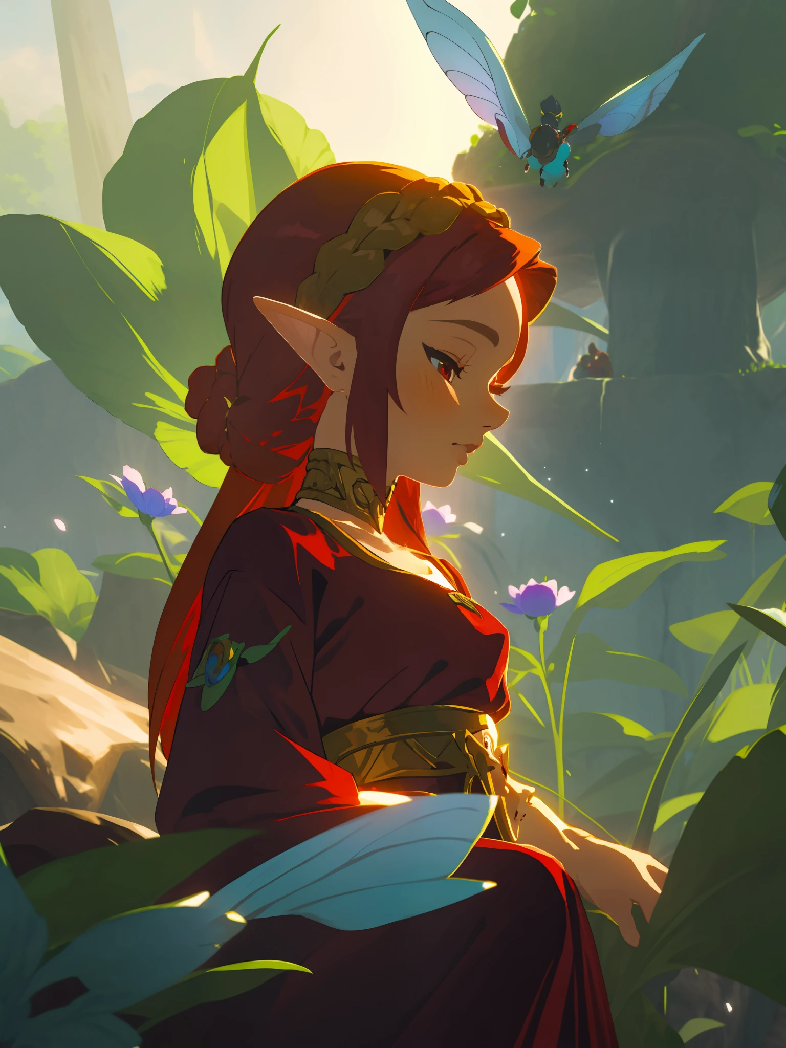 "Portrait of a girl，Close up，Semi-closed Eyes，head gear，red dress，Braid，whaite hair，long eyelasher，tiny faeries，Solo，profile，distinct，16K，Flowers red