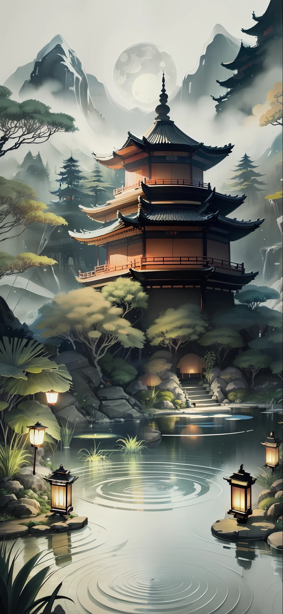 masterpiece,best quality,Chinese martial arts style,an asian night scene with lanterns and water lilies,asian pond with many lanterns and boatsa night scene with many lights and boats in the water, Lake surface, lotus flowers,beautiful night scene,(((Chinese martial arts style))), with vast sky, continuous mountains and steep cliffs, ink wash style, outline light, atmospheric atmosphere, depth of field, mist rising, bamboo, pine trees, octagonal stone pavilion, waterfall flowing water,big full moon,(No color) , Monochrome, light color,