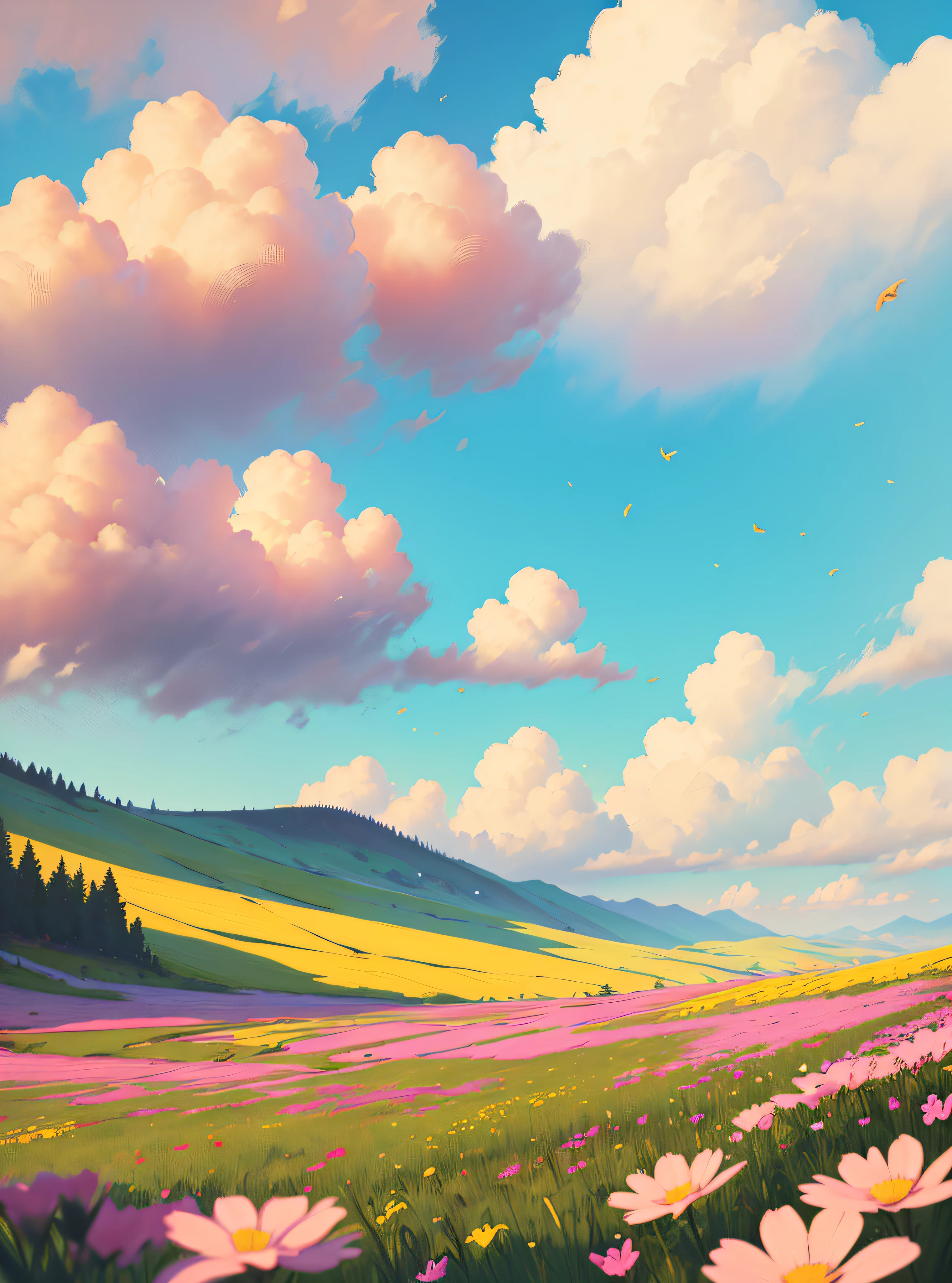 image of a sunny one-day landscape, just the landscape with flowers, flowery field, no people, no animals, vibrant childish, art style, cartoon, artistic, soft color palette, flowers of various kinds blown by the wind, brightness, magical photography, soft soft lighting, light background, realistic photo, super detailed, 4k, high resolution, super thin sharp, high quality, unique, beautiful colors, 3d rendered, --auto --s2