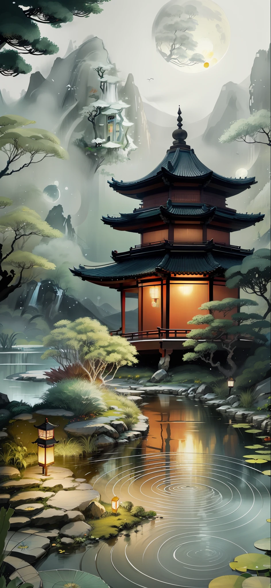 masterpiece,best quality,Chinese martial arts style,an asian night scene with lanterns and water lilies,asian pond with many lanterns and boatsa night scene with many lights and boats in the water, Lake surface, lotus flowers,beautiful night scene,(((Chinese martial arts style))), with vast sky, continuous mountains and steep cliffs, ink wash style, outline light, atmospheric atmosphere, depth of field, mist rising, bamboo, pine trees, octagonal stone pavilion, waterfall flowing water,big full moon,(No color) , Monochrome, light color,