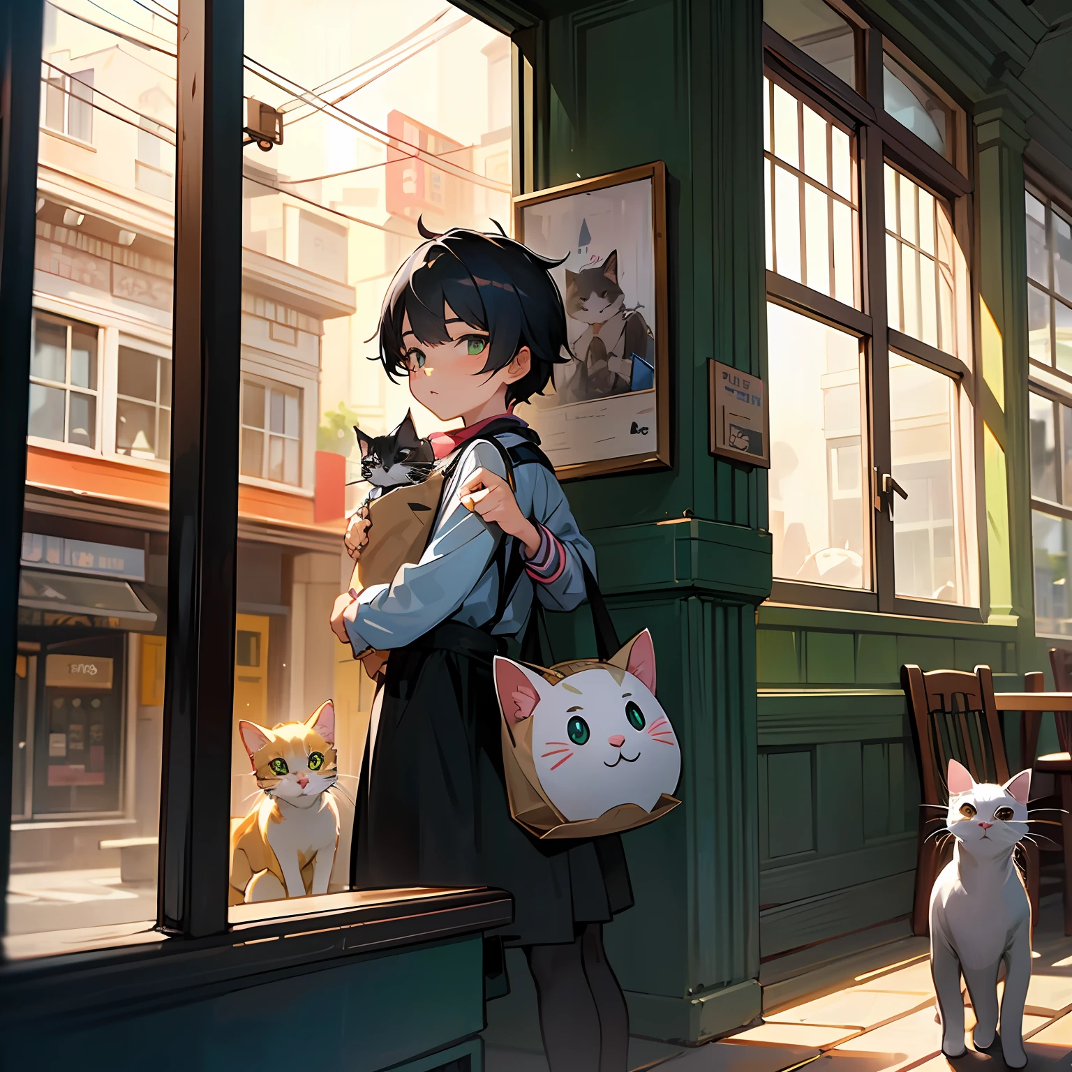 In the café on the corner，A kitten in a boy's cat bag looked enviously at the stray cat outside the window，At the same time, the stray cat is also looking at the kitten in the cat bag with envious eyes --auto