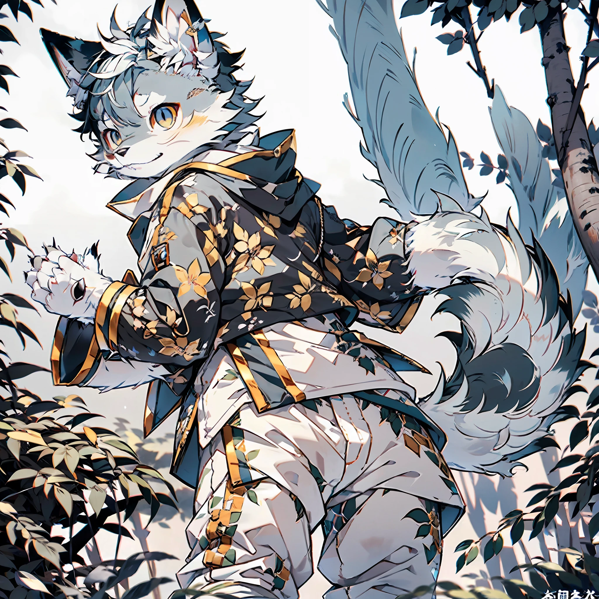 独奏，furry，Male short-snouted animals，White fur，Gray pattern，Gray ears，Golden eyes，sharp talons，Fluffy tail，White color blouse，short white pants，white legwear