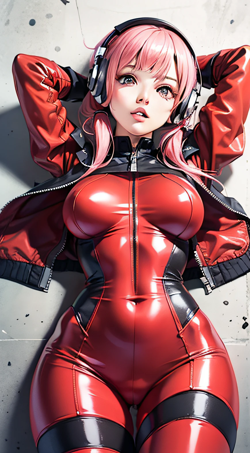 1girl, arms up, bangs, bodysuit, breasts, covered navel, cropped jacket, gloves, headphones, impossible bodysuit, jacket, large breasts, long hair, long sleeves, looking at viewer, lying, medium breasts, on back, parted lips, pink bodysuit, pink eyes, pink hair, puffy sleeves, red jacket, shrug \(clothing\), skin tight, solo, twintails,alice \(nikke\),(masterpiece:1.4),(best quality:1.4),(shiny skin),realistic