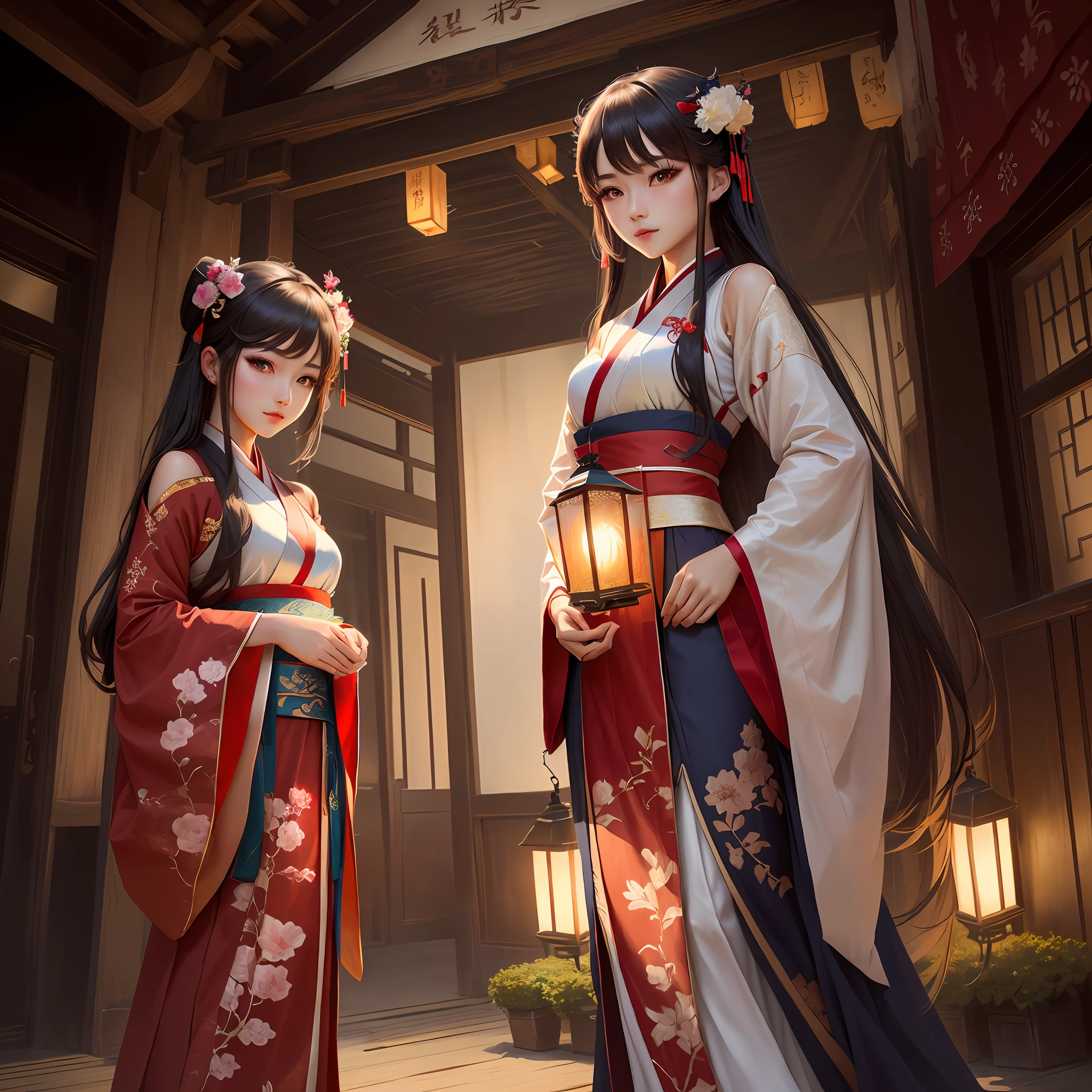 2D Girl,full bodyesbian,Hanfu,Lanterns,elegant,Ayara