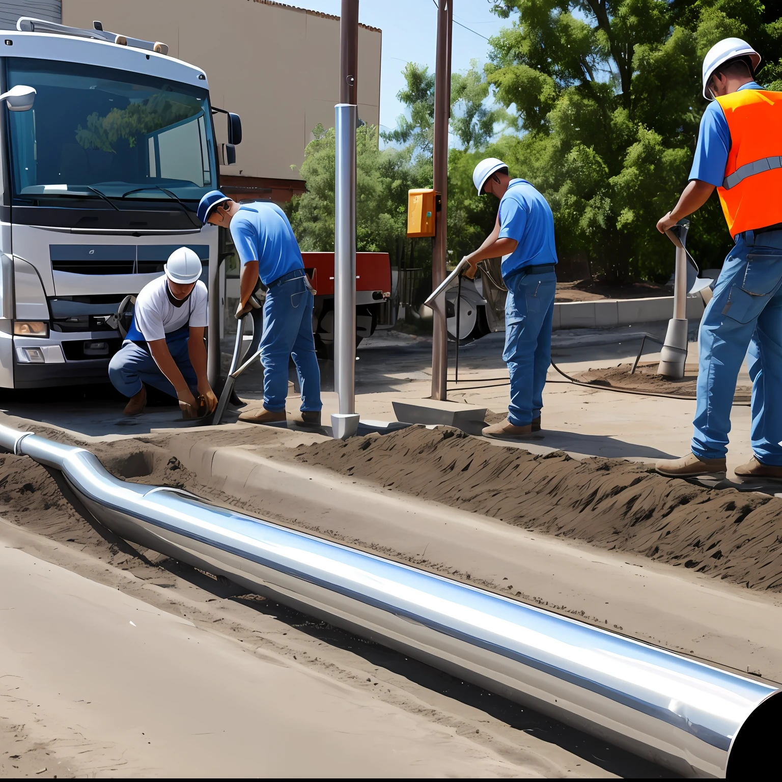 Water supply to towns，Stainless steel pipe，The surface of stainless steel is shiny，2 workers dig and bury stainless steel pipes，On the street，There are shops，There is a process，4K，Top image quality