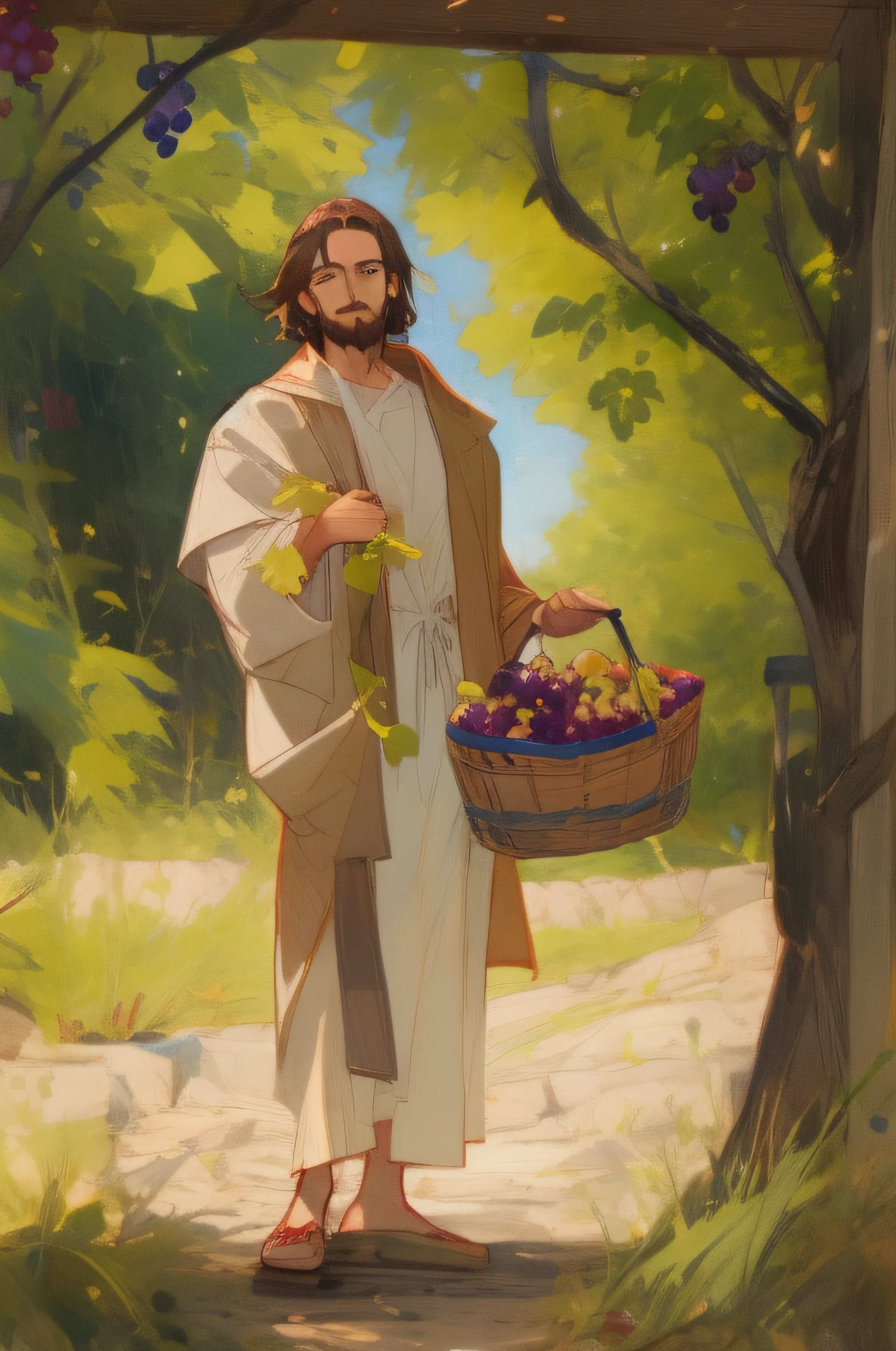 A short-haired man in a robe and red coat holds a bunch of grapes，Jesus