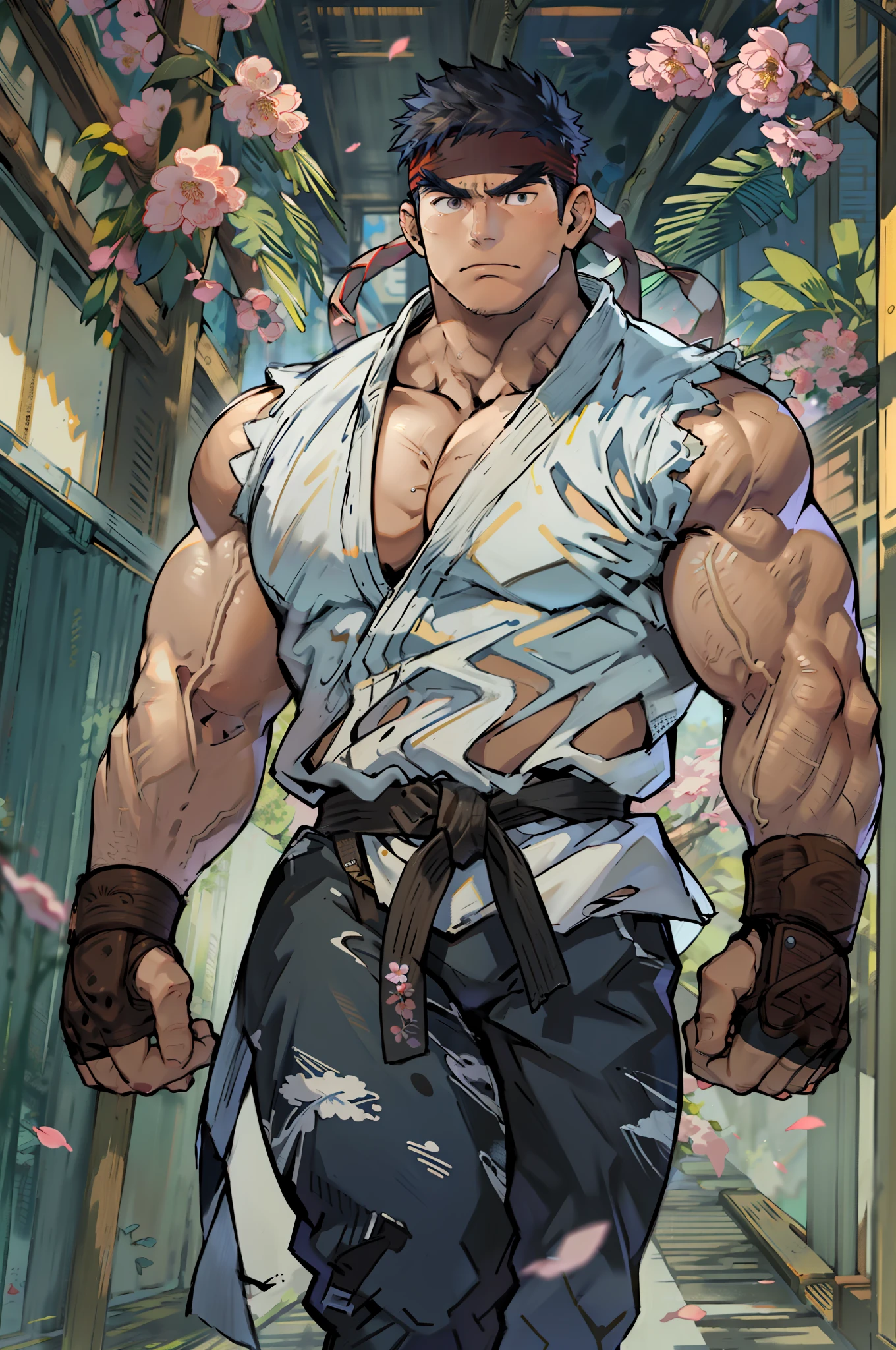 (masterpiece, best quality:1.2), cowboy shot, solo, male focus, 1boy, ryu \(sf\), serious, closed mouth, white skin, looking at viewer, black hair, tall, hunk, muscular, wide shoulder, big physique, wearing big white Dougi, new white Dougi shirt, red headband, fingerless gloves, blue aura, cherry blossom in the background