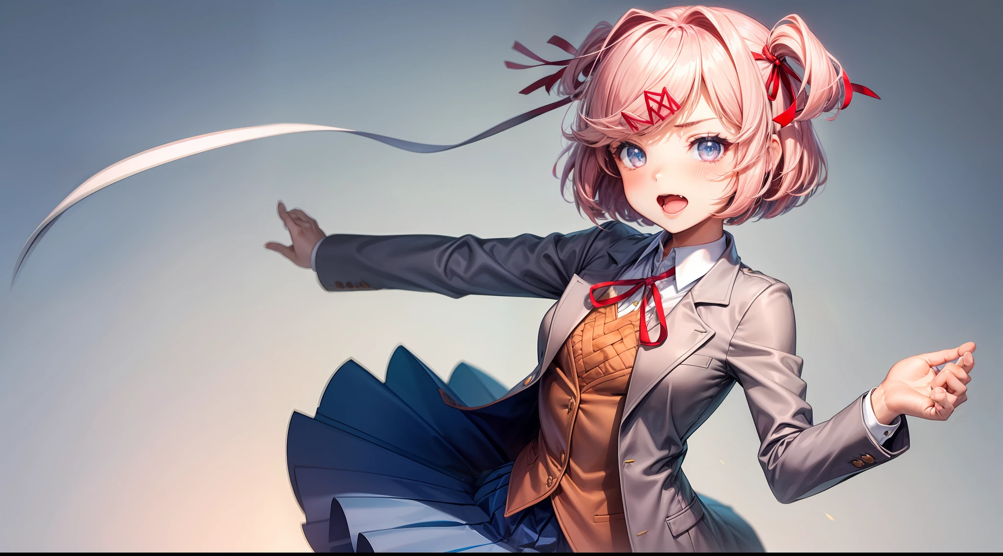 1girl, bangs, blue_skirt, blush, eyebrows_visible_through_hair, fang, grey_jacket, hair_ornament, hair_ribbon, hairclip, jacket, long_sleeves, looking_at_viewer, natsuki_(doki_doki_literature_club), open_mouth, pink_hair, pleated_skirt, red_ribbon, ribbon, school_uniform, short_hair, simple_background, skirt, solo, two_side_up, white_background