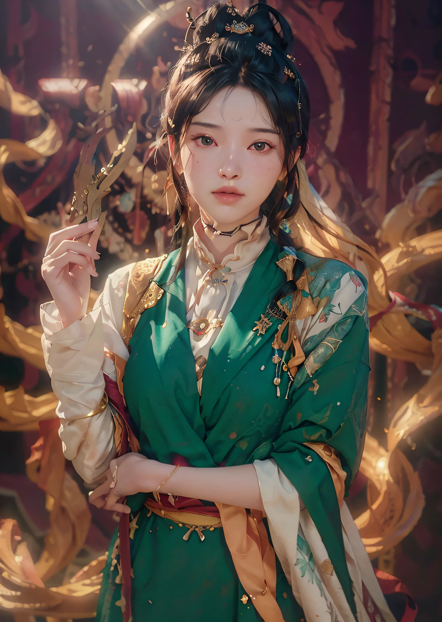 (RAW photo, best quality), (realistic, photo-realistic:1.3),best quality,highly detailed,masterpiece,ultra-detailed,illustration,1girl,upper_body,dynamic angle,world masterpiece theater,messy_long_hair,best quality,extremely detailed CG unity 8k wallpaper,ink,Amazing,cinematic lighting,lens_flare, dunhuang_style