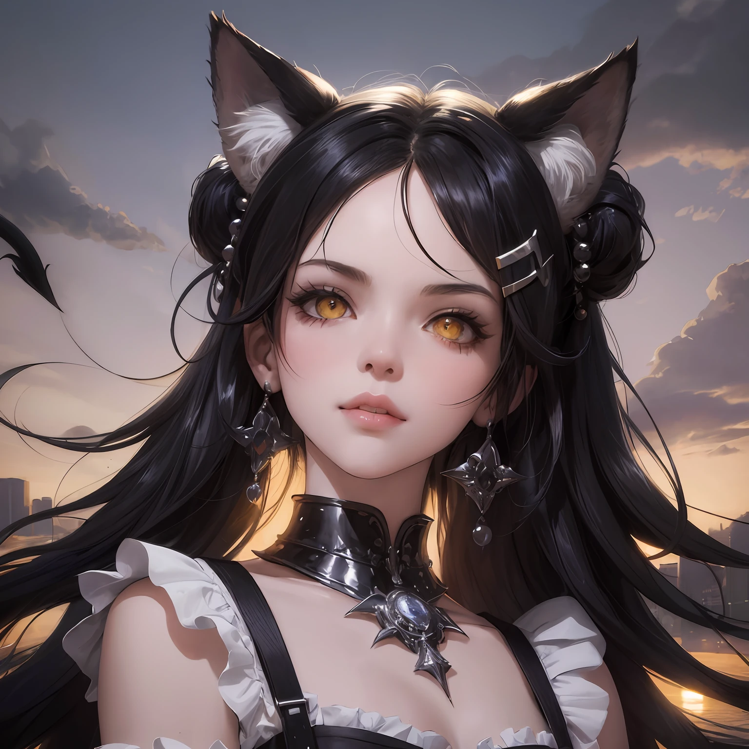 black hair, hair bobbles, wince, longeyelashes, solid circle eyes, fake animal ears, light smile, ear blush, fang, streaked hair, hair over shoulder, hairclip, bell, yellow eyes, longeyelashes, cat ears, pout, serious, Surrealism, drop shadow, anaglyph, stereogram, tachi-e, pov, atmospheric perspective, Surrealism, high detail, chiaroscuro, cinematic lighting, from below, Ultra-Wide Angle, Surrealism, En plein air, Verism, high detail, Futurism, 8k, super detail, ccurate, best quality, UHD, textured skin, super detail, best quality, highres --auto