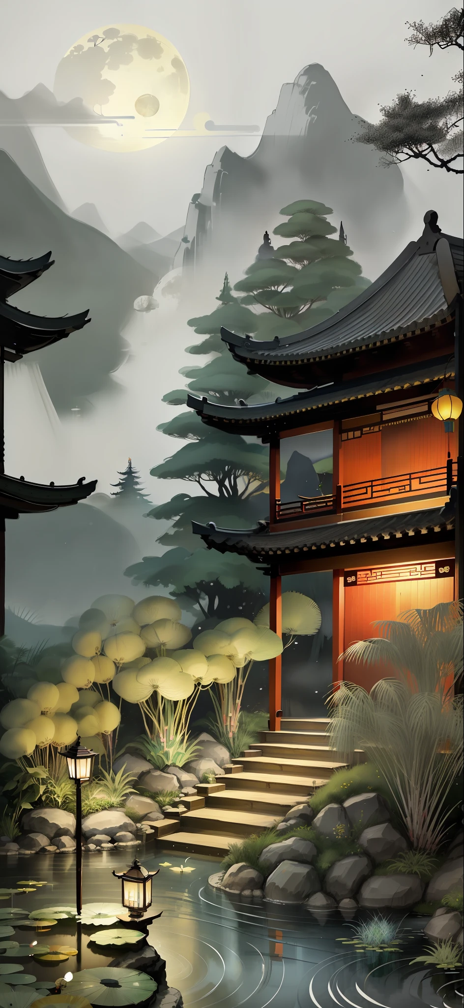 masterpiece,best quality,Chinese martial arts style,an asian night scene with lanterns and water lilies,asian pond with many lanterns and boatsa night scene with many lights and boats in the water, Lake surface, lotus flowers,beautiful night scene,(((Chinese martial arts style))), with vast sky, continuous mountains and steep cliffs, ink wash style, outline light, atmospheric atmosphere, depth of field, mist rising, bamboo, pine trees, octagonal stone pavilion, waterfall flowing water,big full moon,(No color) , Monochrome, light color,