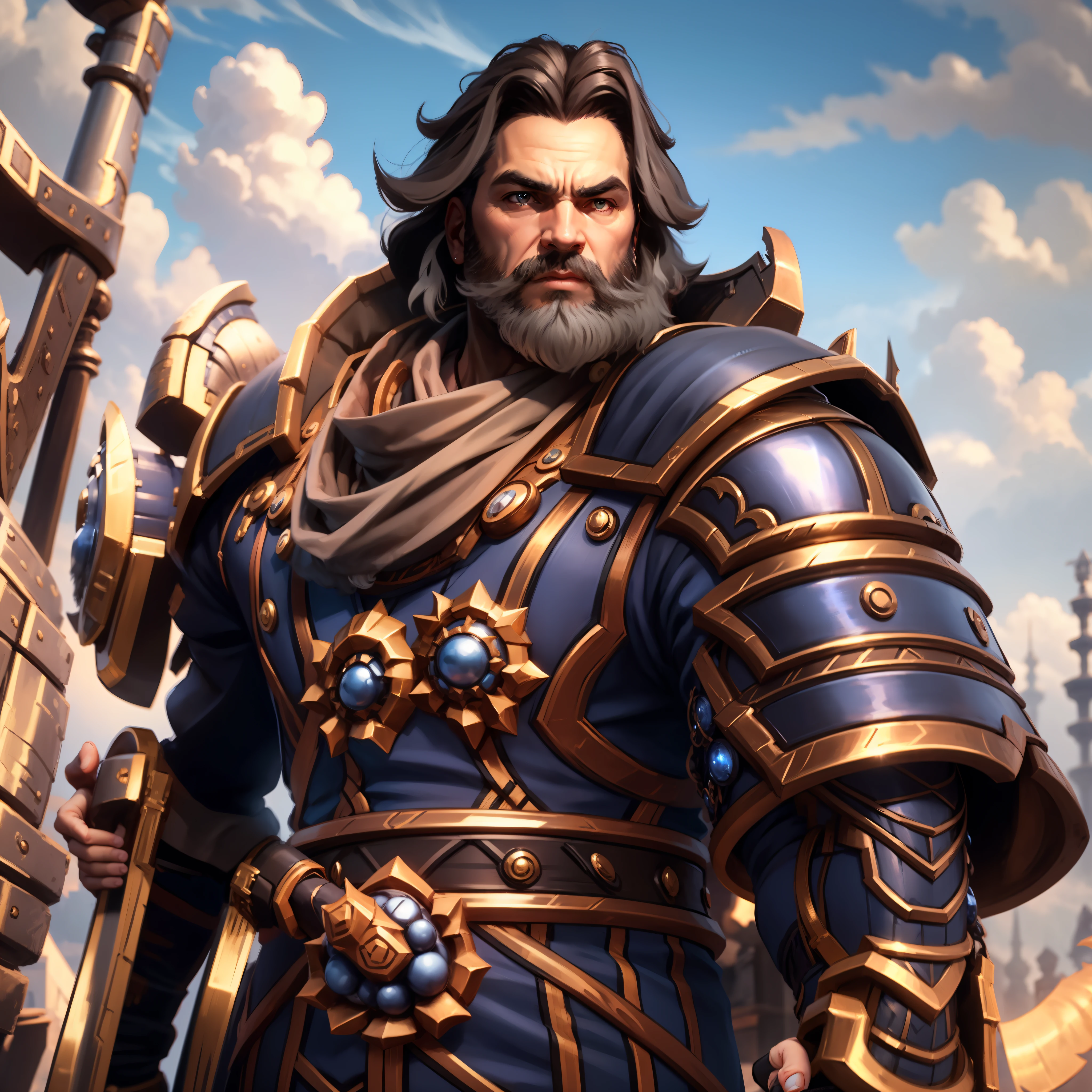 tmasterpiece,brunette color hair,Gray eyes,Manteau blanc,Look up,middle aged man，Full beard，Black battle armor，cavalier，Armed with a warhammer