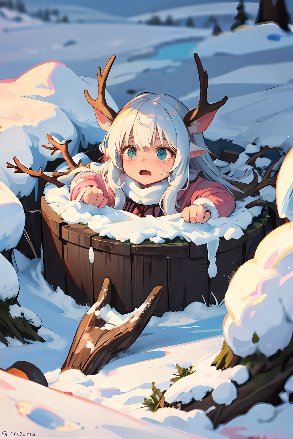It has elk antler ears，bit girl，Plopped down in the snow pit，Aggrieved expression，Silly，Cried