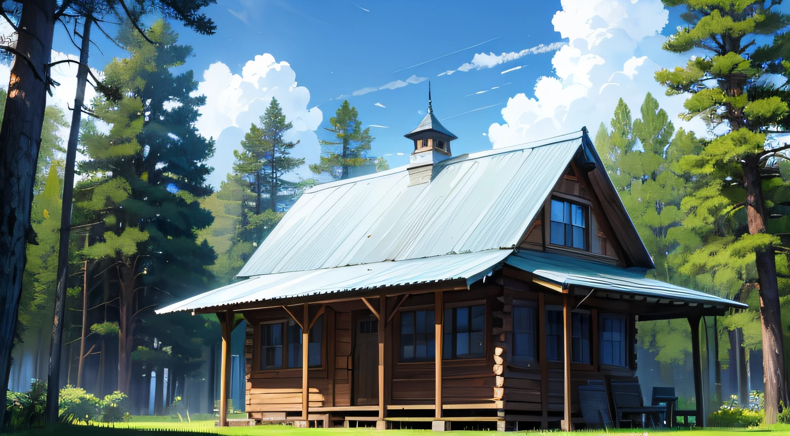 forest,wooden cabin,steins,Mossy,(blue-sky,White clouds take up three-quarters of the picture) --auto