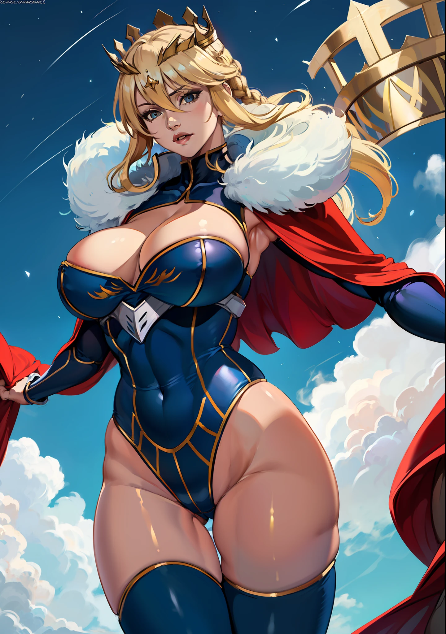 (Original: 1.2), (SFW), Masterpiece, Realistic, beste-Qualit, beautiful clean face, a 1girl, (blonde hair, big breastes, Slim, wide thighs), stands, Posing, Lancer Artoria, ((Blue, Golden leotard, (red cape with white fur)), golden crown, Erotica, luna, night time, Simple background