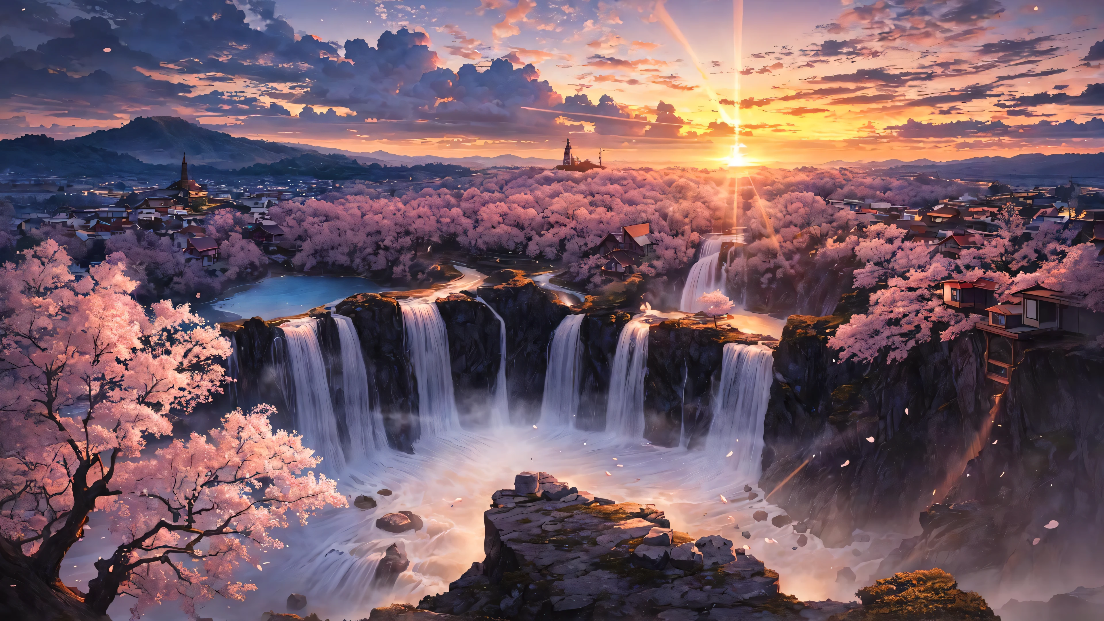 (masterpiece, best quality:1.2), ultra detailed, cinematic lighting, HDR, ilustration,  landsape,  sunrise,  cherry blossom, impressive, chill, inspirational,