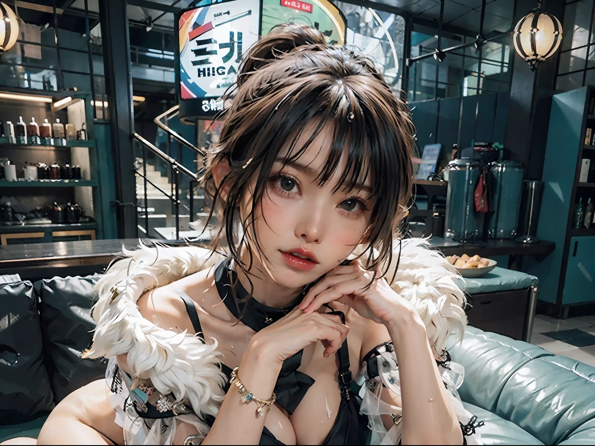 Top quality, masterpiece, ultra high resolution, (photoreal: 1.4), raw photo, one girl, off-shoulder, movie lighting, ponytail, black slit long dress, thighs, futuristic city, cyberpunk, neon cityscape, night lounge, see-through, woman with toys between her legs, squirming with remote control, coated underwear and inner thighs. She blushed and looked at me, high heels, a large amount of white liquid, white liquid on her thighs, sweat, white liquid on her face, spilled milk, clothes see-through, flickering, hot body, cleavage, middle breasts, shapely breasts,