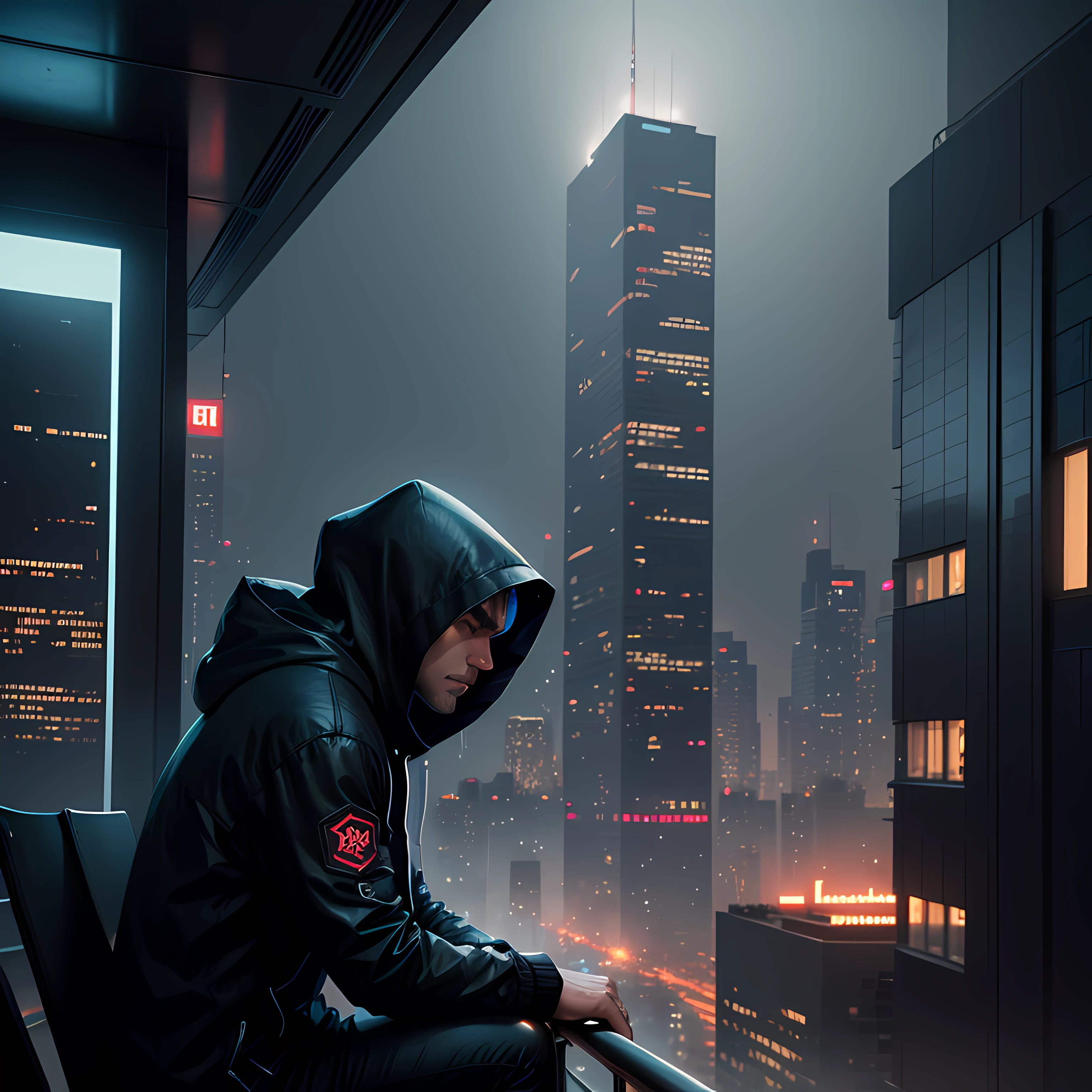 A man in a hood, with a sad face, sitting on the balcony of his building, watching the futuristic city, cyberpunk, advertising screens on the buildings, big screens on the buildings on the horizon, dark night, bright stars, dramatic, sad, rain, particule rain screen --auto