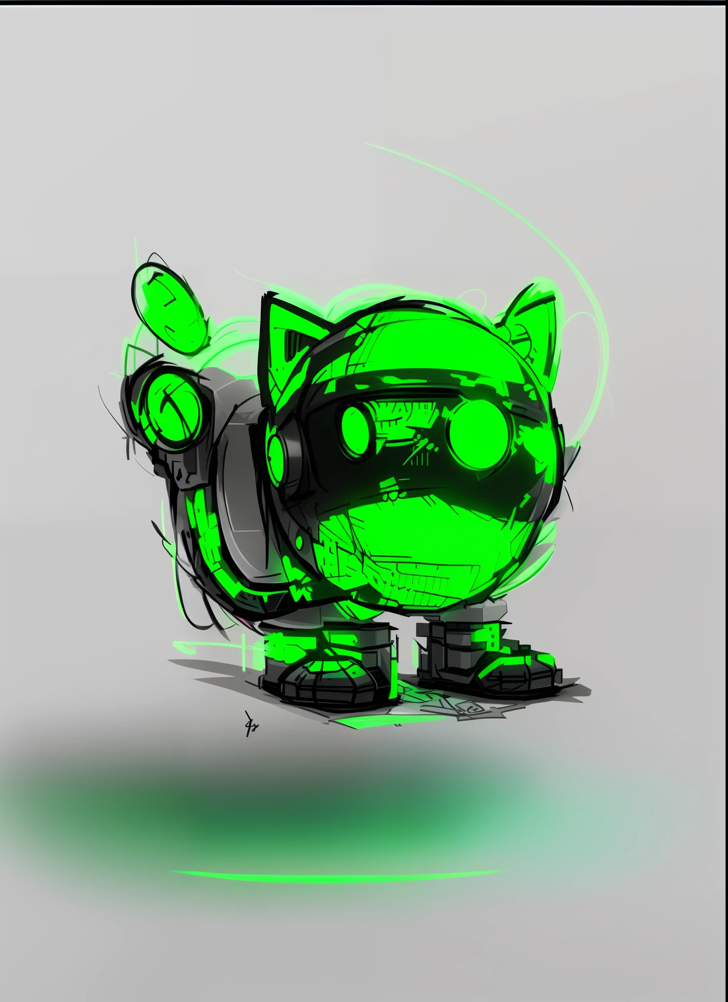 Draw a cat with green eyes and green eyes, robotic cat, cyborg kitten, cat robot, old sketch, digital sketch, a cyborg cat, Fully robotic!! cat, sketchy artstyle, Sketchy, cyborg cat, robotic cat, Cybercat, Teemo from League of Legends, digitally draw on wacom tablet, teemo, cyberpunk cat, scribble sketch