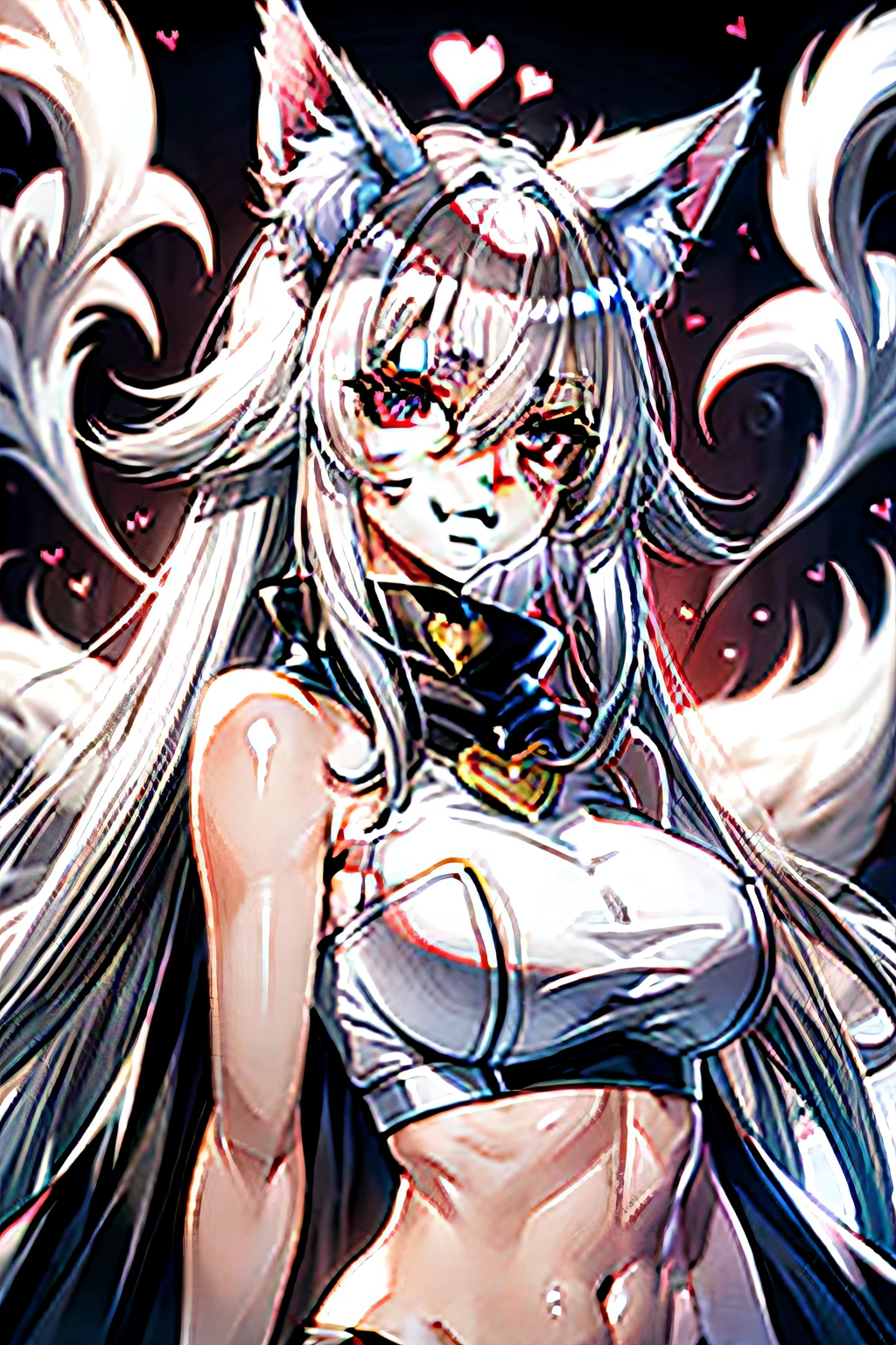 nakeness, white hair, heart-shaped pupils, fox ears, smirk, Surrealism, UHD, highres