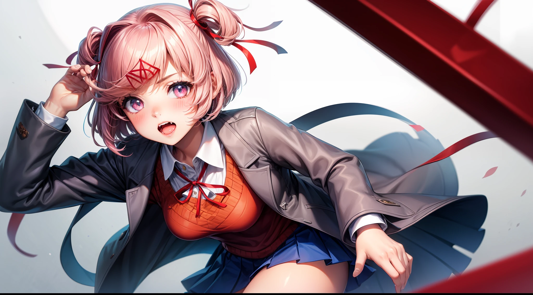 1girl, bangs, blue_skirt, blush, eyebrows_visible_through_hair, fang, grey_jacket, hair_ornament, hair_ribbon, hairclip, jacket, long_sleeves, looking_at_viewer, natsuki_(doki_doki_literature_club), open_mouth, pink_hair, pleated_skirt, red_ribbon, ribbon, school_uniform, short_hair, simple_background, skirt, solo, two_side_up, white_background