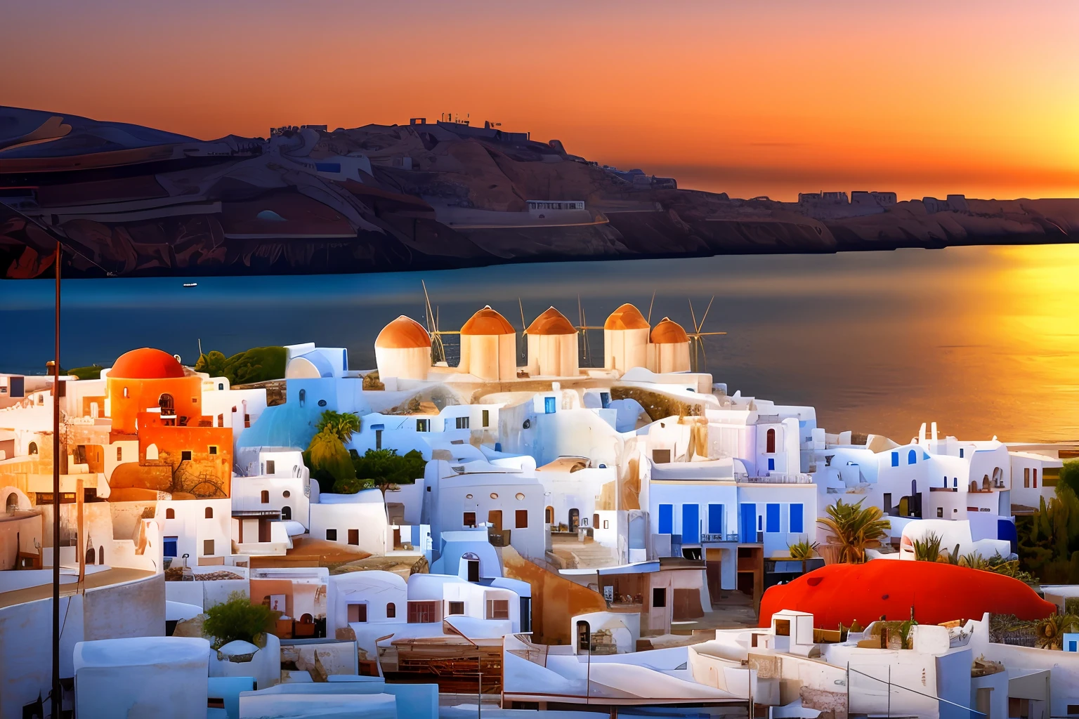 Alafed view of town with water body in background, whitewashed buildings, Greece, white buildings with red roofs, Round building on background, surrounding the city, Fantasy panorama of Greece, White houses, greek setting, Santorini, Mills, mediterranean island scenery, white building, Town in the background, Cycladic sculpture style