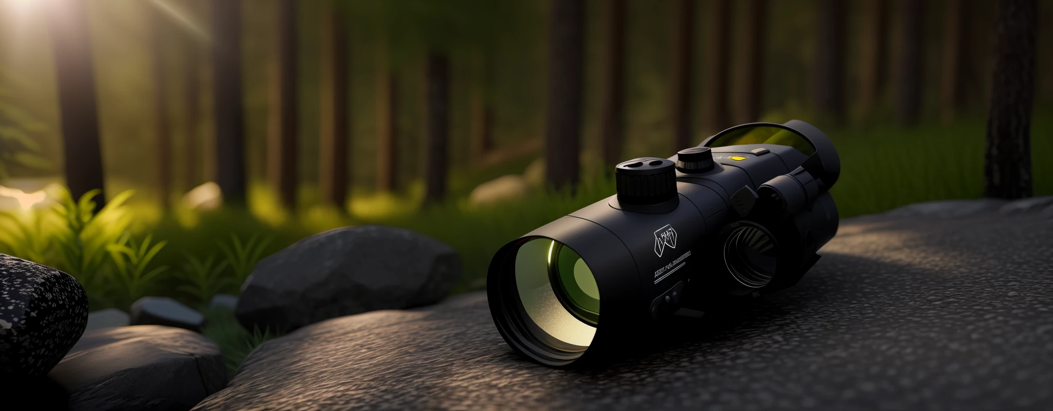Night vision goggles on the rocks, Outdoor scene,the woods,8K,real rendering,In the daytime,rays of sunshine,a plant,elk