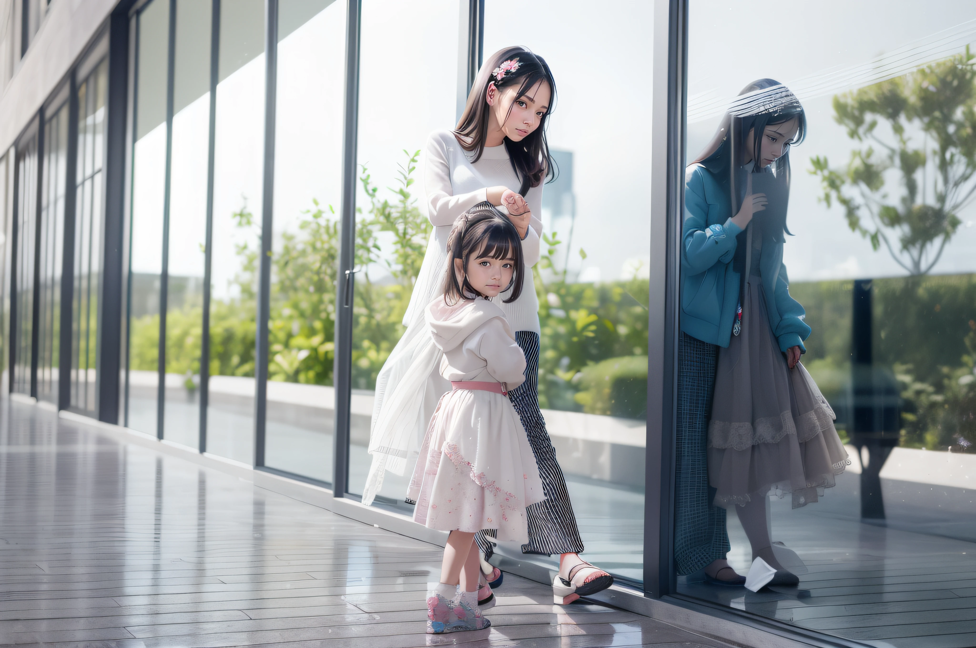 In front of the glass wall stood two little girls, --auto