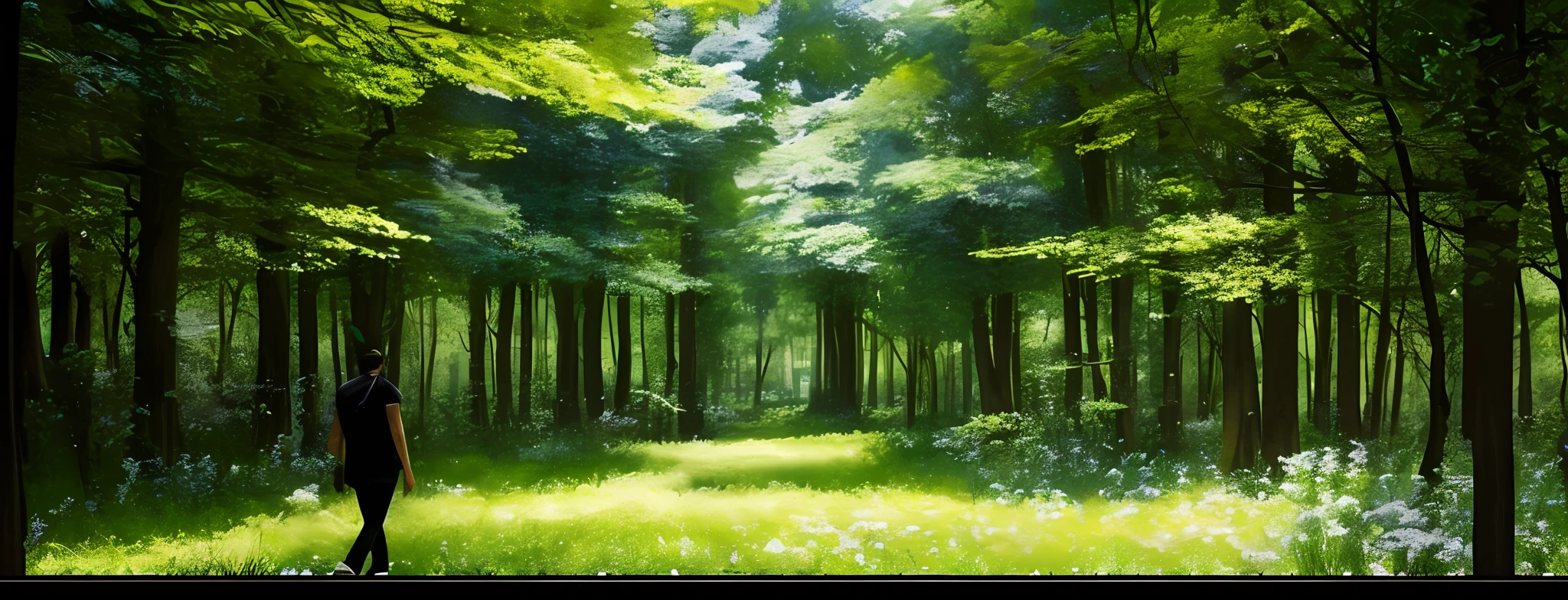 Walk through the green forest with a big screen, hyper realisitc, projection design installation, In the underground garden, Immersive, teamlab, Amazing, photograph of enchanted garden, under outer world forrest, Incredible, vibrant volumetric natural light, 3 6 0投影, Visually stunning scene, masterpiece', stunning visuals with rtx on, Monet. Stunning lighting --auto