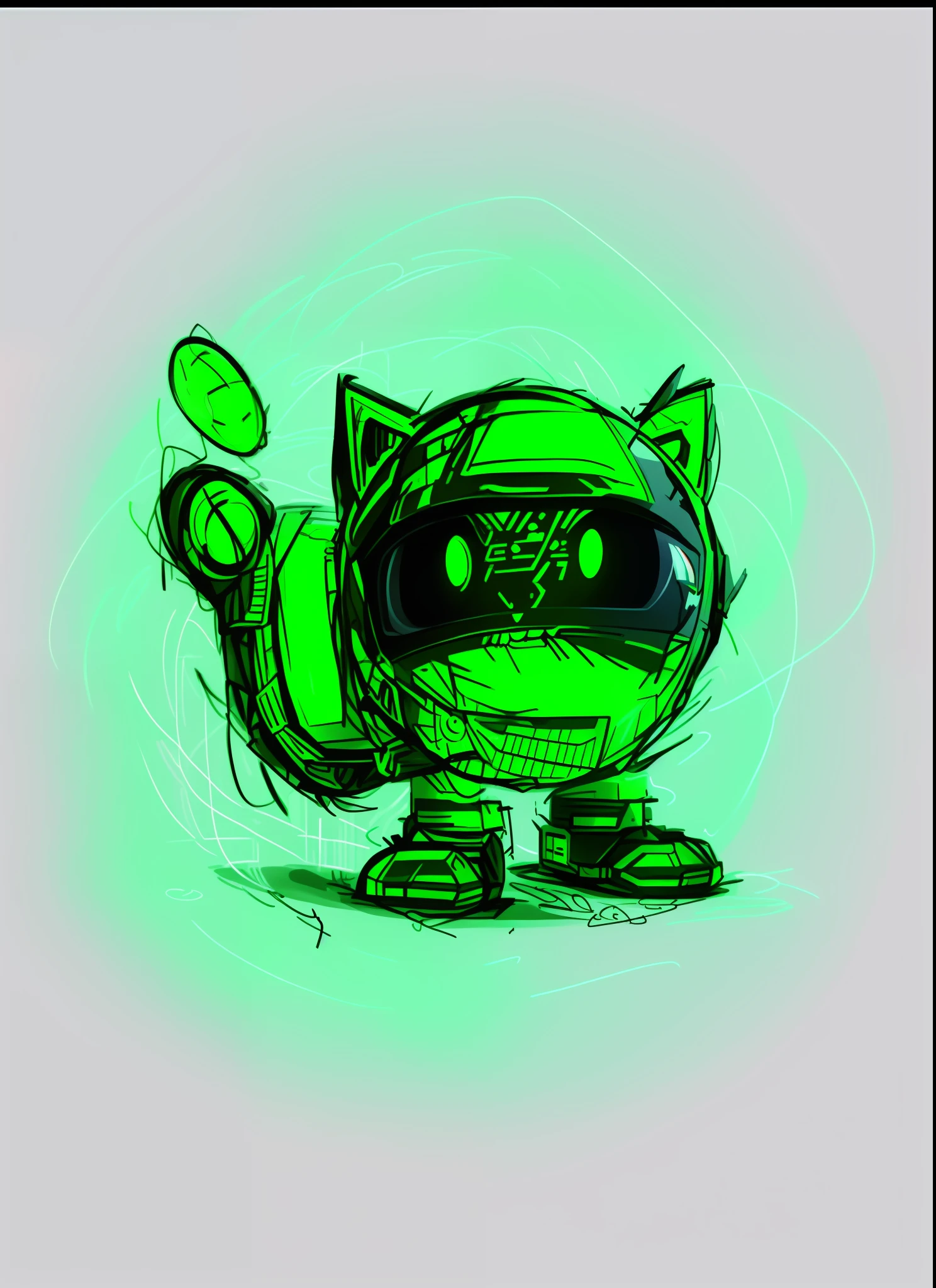 Draw a cat with green eyes and green eyes, robotic cat, cyborg kitten, cat robot, old sketch, digital sketch, a cyborg cat, Fully robotic!! cat, sketchy artstyle, Sketchy, cyborg cat, robotic cat, Cybercat, Teemo from League of Legends, digitally draw on wacom tablet, teemo, cyberpunk cat, scribble sketch