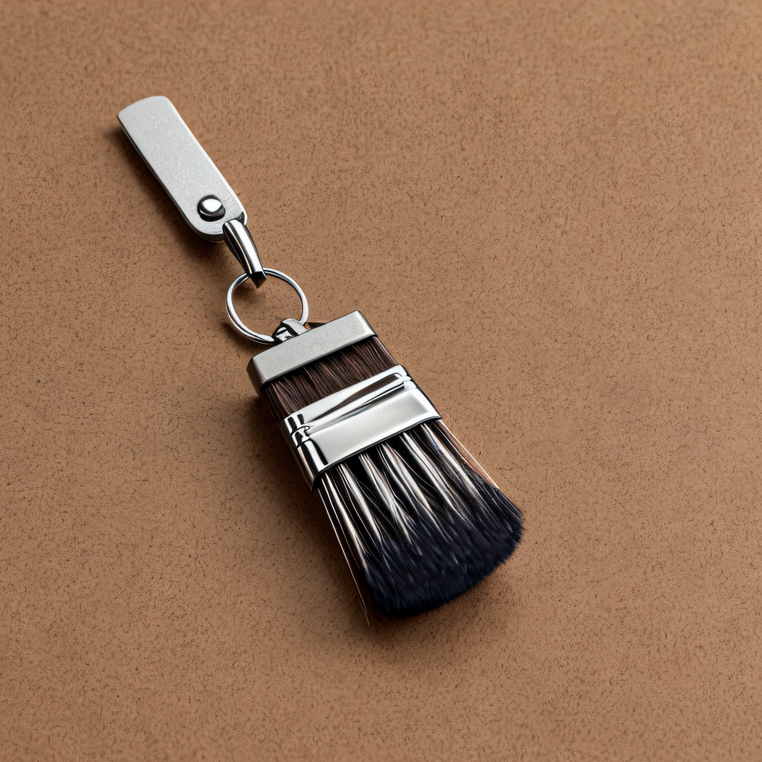 There is a brush with a metal handle on the brown surface, fine brushworrk, With lid, detailed product image, Thick brush, brush, paint brushes, extremely detailed brush, big brush, highly detailed product photo, holding brush, brush, Ink brush, Z brush, washy brush, miniature product photo, soft brush