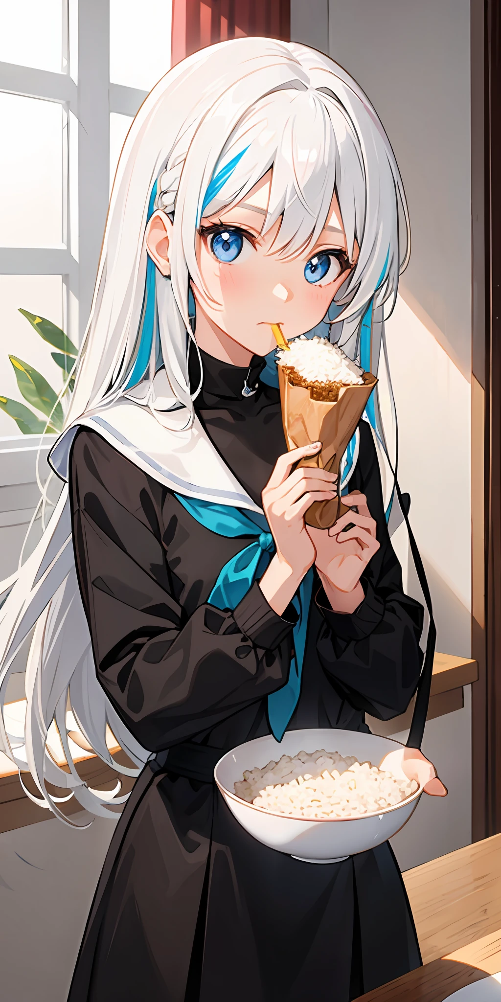 1girl in、White hair、O cabelo multicolorido、light blue  eyes、student clothes、I'm eating rice