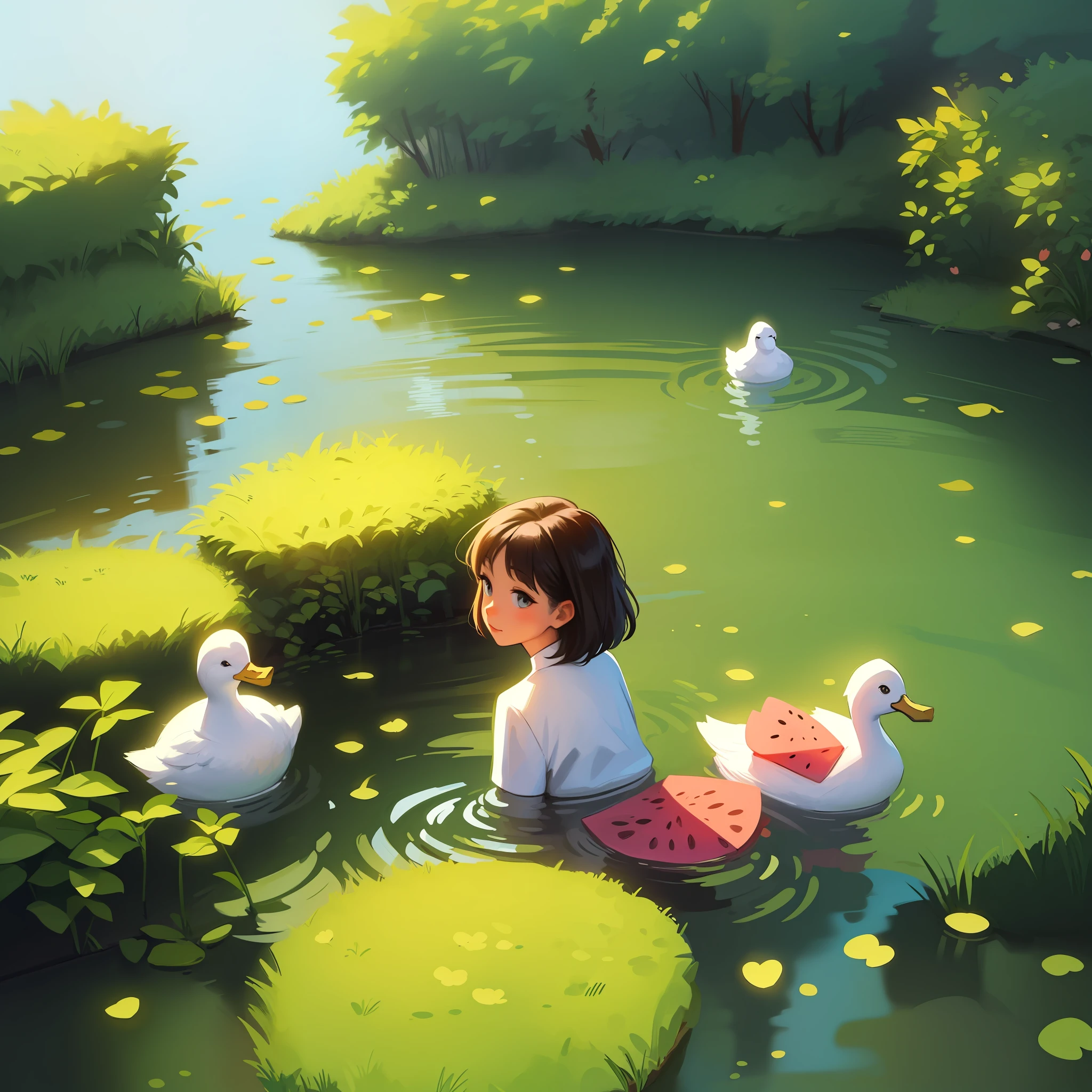 Cartoon girl with dog and duck in the pond, lovely art style, hand painted cartoon art style, 2 d illustration, 2D illustration, cute artwork, cute illustration, by Yang J, 2d matte illustration, author:Qu Leilei, in a pond, By Li Song, material is!!! water melon!!!, arte de fundo, author:Xia Gui, A beautiful artwork illustration --auto