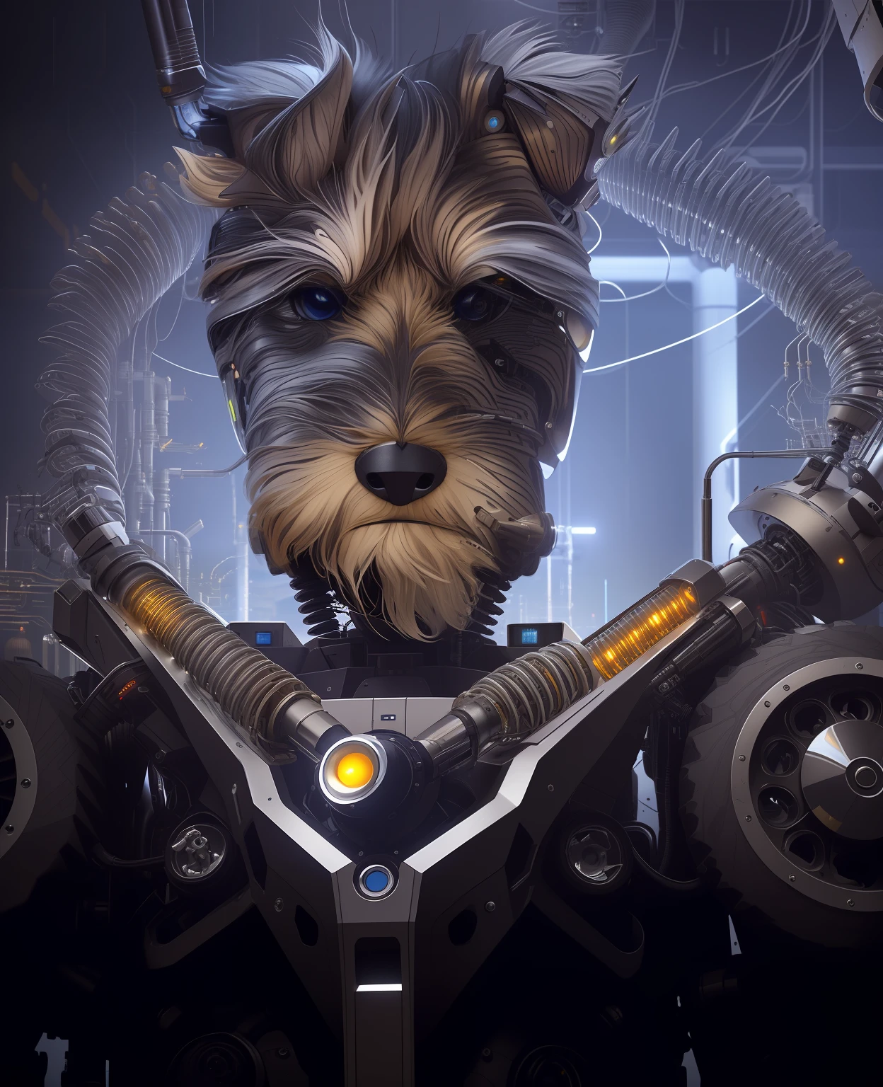 (high quality, ultra-detailed, realistic) robotic, metallic, (industrial design+high-tech design), sleek and modern, (silver metal:1.1+black metal:0.9) color scheme, (mechanical+electronic) components, (advanced+state-of-the-art) technology, precision engineering, (fluid+graceful) movement, (futuristic+innovative) design elements, (flooded with light+dimly lit), (machine+cyber)punk-inspired, (visually stunning+mind-blowing) CGI, (extreme close-up+dynamic shot), (perfectly polished+dirtily worn), (single robot+robot army), (dominant+submissive+rebellious) demeanor.