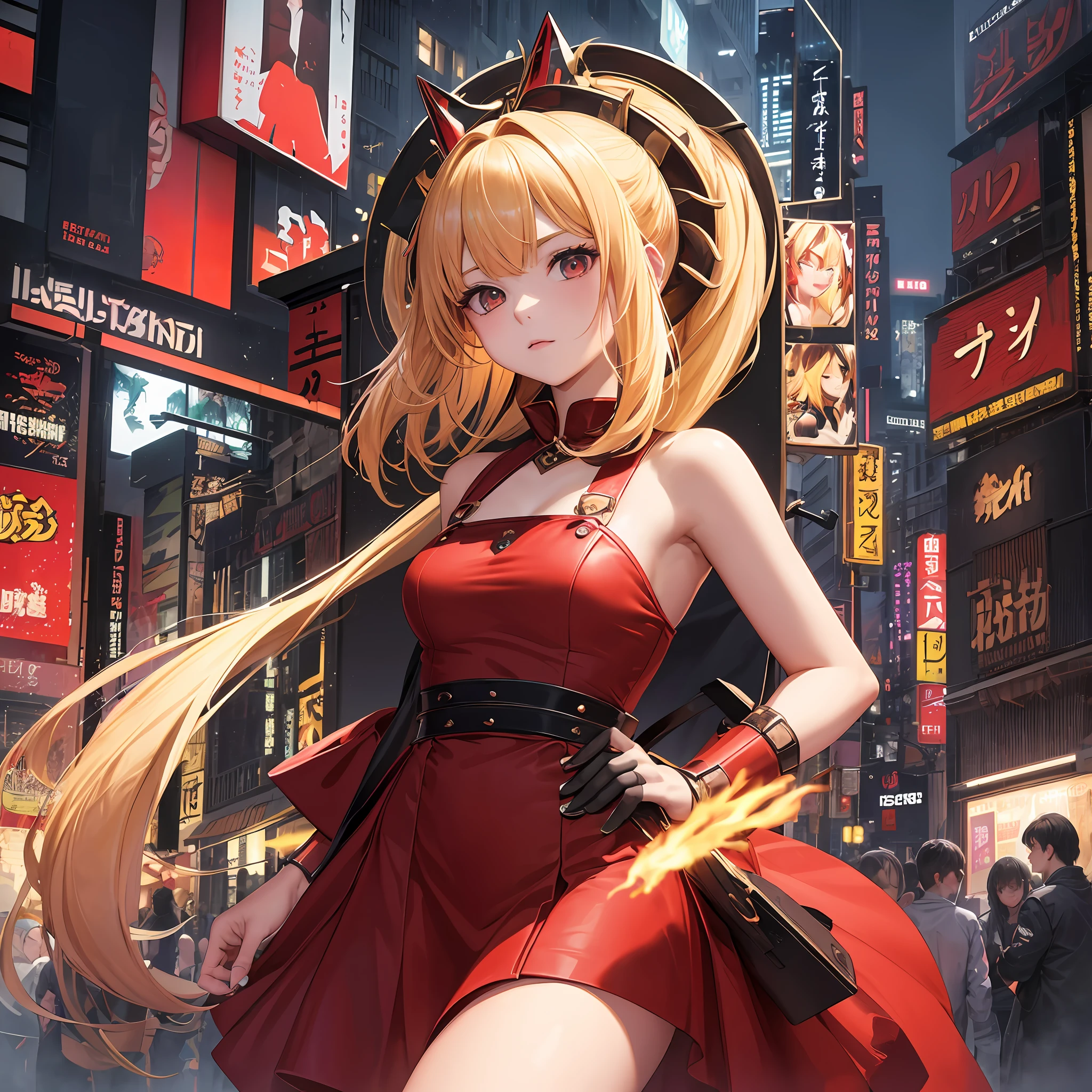 In K, top-quality, Real Image, intricate detailes,1girl in、Giant monster、blonde  hair、RED dress、loimu、natta、neons、bladerunner、horor\(theme\)　​masterpiece、top-quality、ighly detailed --auto