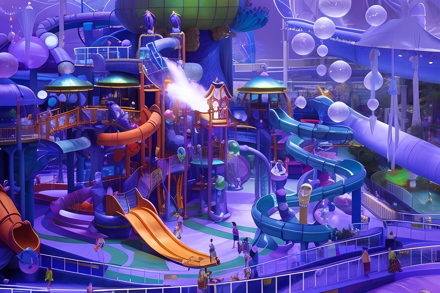 Mermaid fairy tale theme park, Tokyo DisneySea style,Close-up of the water park with water slide and water park, Amusement park outdoor design, Water park, water world, detailed photo of virtual world, amusement park attractions, discovery zone, fantasy land, Pixar render,