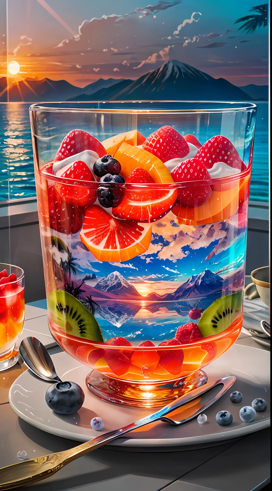 landscape: Sea, mountains, Palm trees, Beach, Magnificent sunrise, rainbow, Colorful, Faceted glass, crystal, mother-of-pearl shimmers, Multicolored, Different, Berry yogurt, CocktailWorld, scenery, landscape, Street, Depth of field , ((blurred background)), Masterpiece, Best Quality, ultra detail, (((Multi-layered jelly))) glass, stained glass windows, tmasterpiece, Top Quality, Experience, Chic, a gold, utensil, kettle, a cup, plate, Ice crystals, with floral print,1 cup milk yogurt) 1 teaspoon vanilla extract of your choice, Chopped fresh fruits (For example, strawberries, kiwi, mango, blackberry, raspberry, cherry, carambola, blueberries, etc.) Marengo, Epoxy