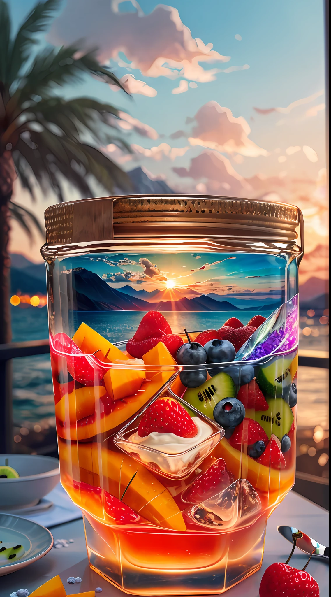 landscape: Sea, mountains, Palm trees, Beach, Magnificent sunrise, rainbow, Colorful, Faceted glass, crystal, mother-of-pearl shimmers, Multicolored, Different, Berry yogurt, CocktailWorld, scenery, landscape, Street, Depth of field , ((blurred background)), Masterpiece, Best Quality, ultra detail, (((Multi-layered jelly))) glass, stained glass windows, tmasterpiece, Top Quality, Experience, Chic, a gold, utensil, kettle, a cup, plate, Ice crystals, with floral print,1 cup milk yogurt) 1 teaspoon vanilla extract of your choice, Chopped fresh fruits (For example, strawberries, kiwi, mango, blackberry, raspberry, cherry, carambola, blueberries, etc.) Marengo, Epoxy