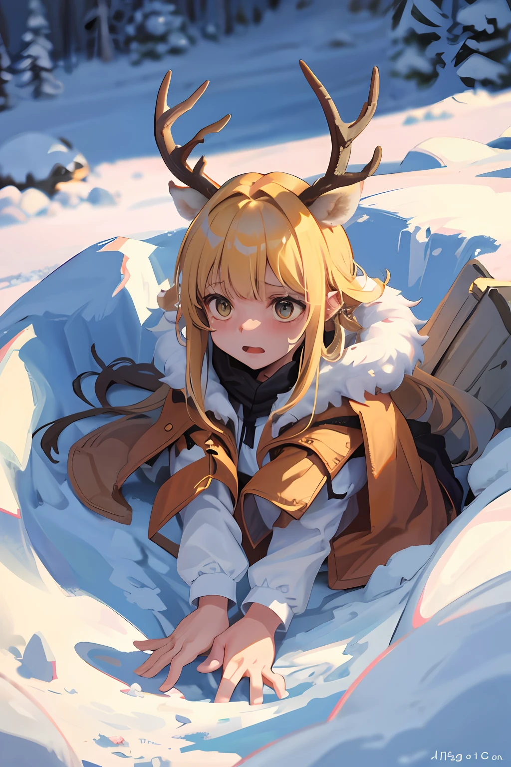 It has elk antler ears,bit girl,Plopped down in the snow pit,Aggrieved expression,Silly,Almost crying