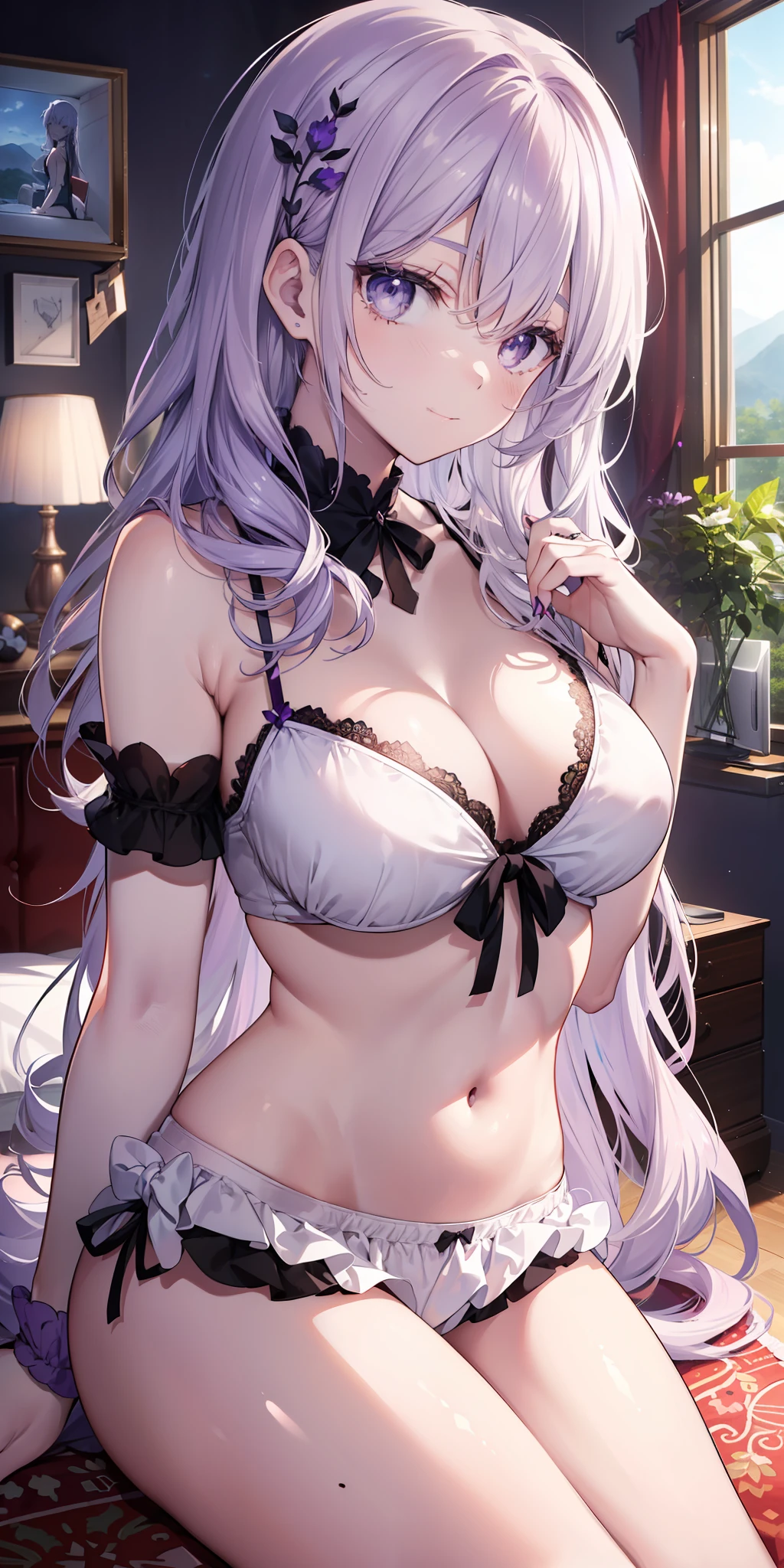 ((masterpiece)), ((best quality)), ((anime profile style)), ((HD 4k)), ((female anime character)), (Mai Sakurajima), ((pale skin) ), ((Beautiful body)), girl, female face, Happy, ((white mask on mouth)), ((Light lilac eyes)), Eyelid, Pupil, Sclera, Iris, eyebrow, eyelashes, ear, nose, ( (giant lilac hair)), ((fringe)), ((details in hair strands)), ((light effects on hair)), ((Women's Babydoll Sleepwear Pajamas With Short Straps - Red)), ((lights effect on clothes)), ((body lights effect)), neck, Shoulders, (thin waist), ((perfect tummy)), arms, ((thick legs)), ((big thigh)) , ((background scenery)), ((in bedroom)), ((bed, window, TV, wardrobe, dresser, rug)), ((lighting)), viewer view