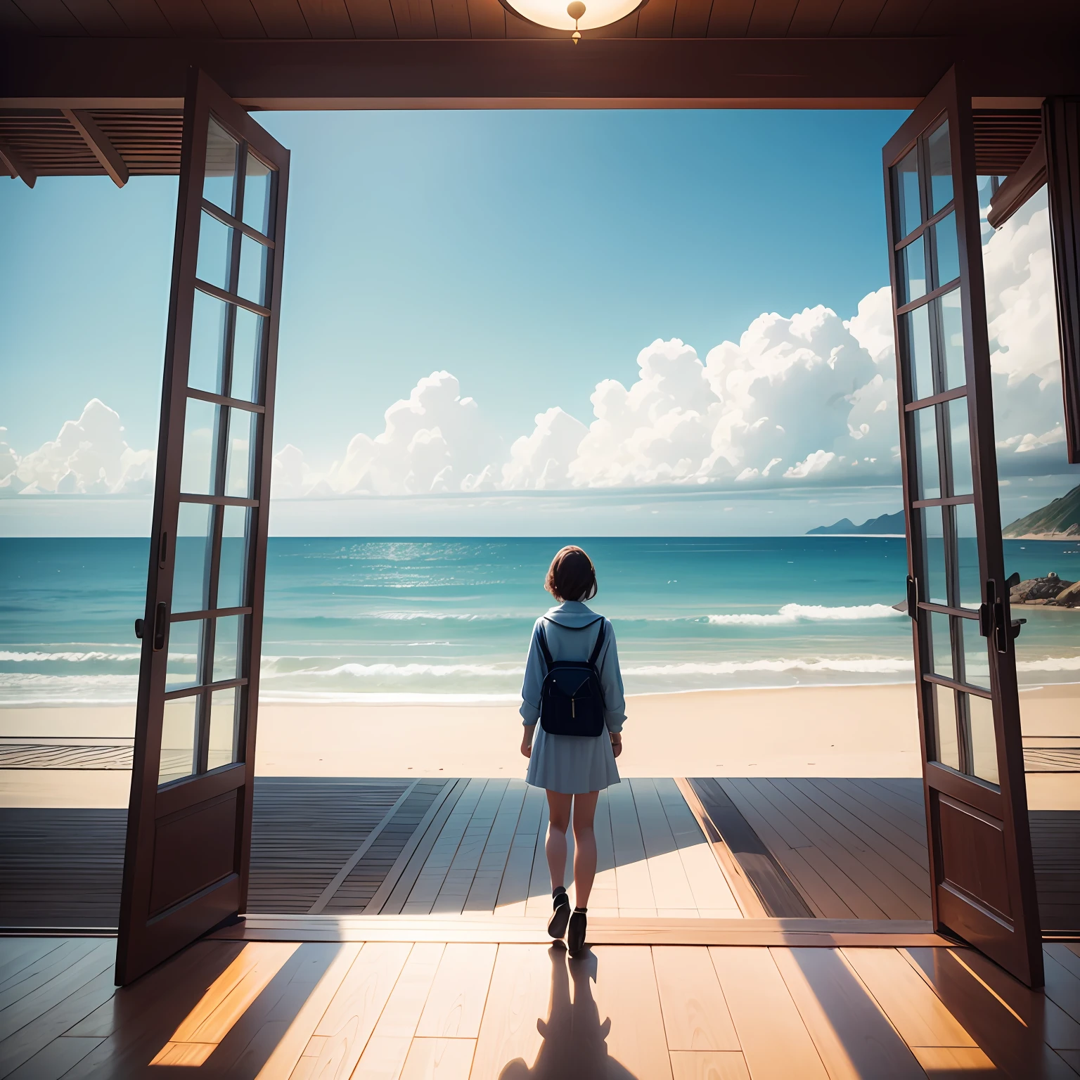 Stunning seaside views,There is a person's back,With a feeling of sadness --auto