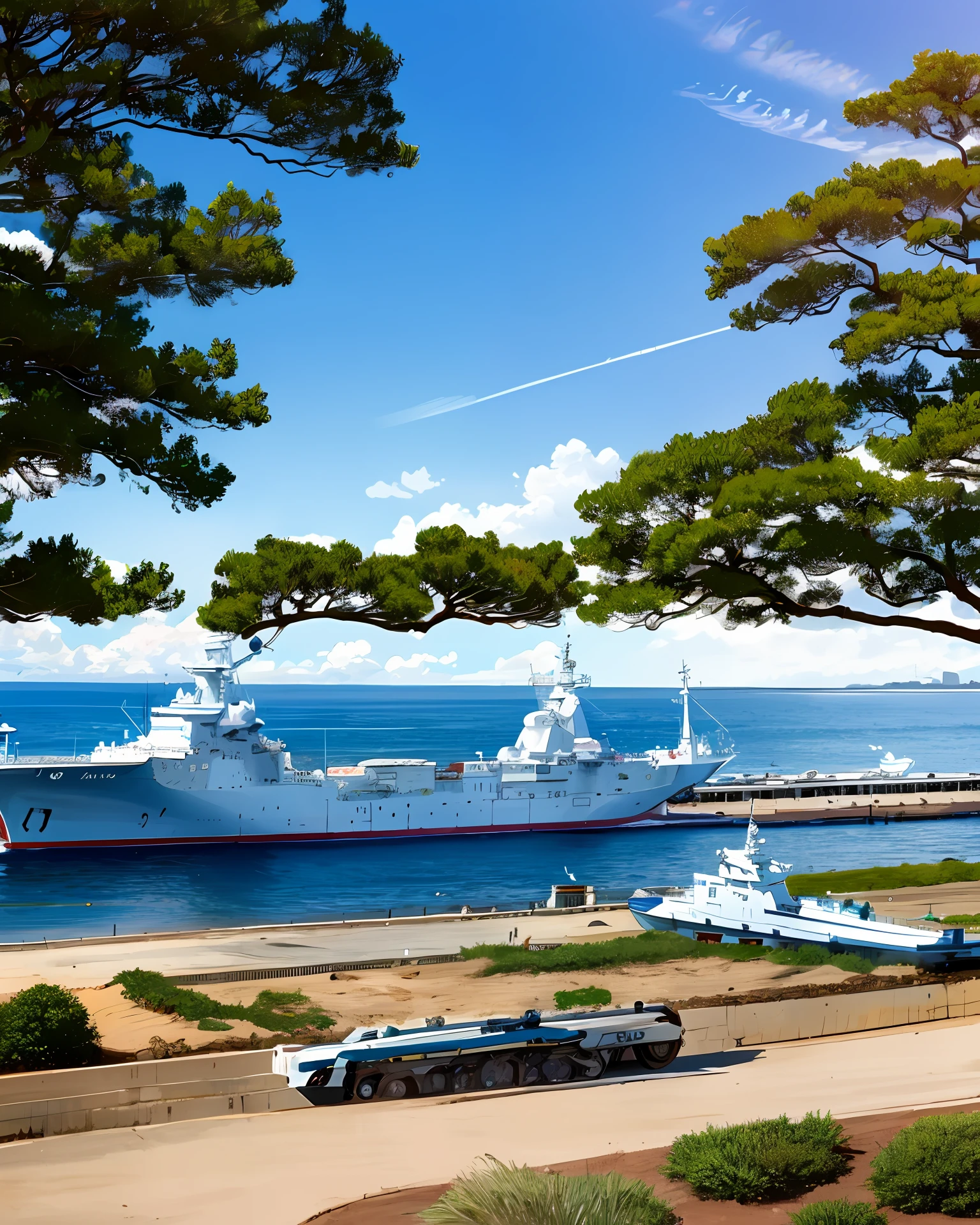 Up to blue-white,Doomsday style,beachside,There are warships at sea,There is gunsmoke in the distance