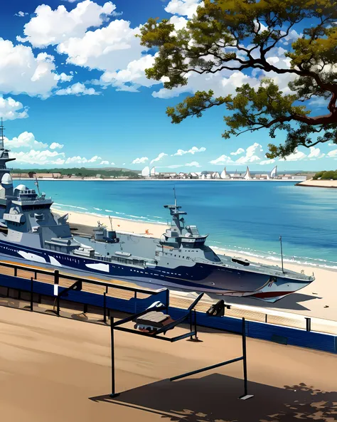 up to blue-white，doomsday style，beachside，there are warships at sea，there is gunsmoke in the distance