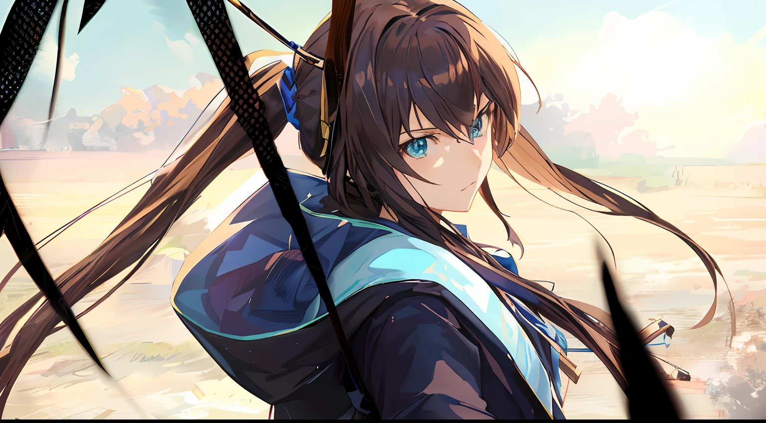 (ultra hd anime wallpaper, Elegant Shinkai Makoto style, Long-haired, blue-eyed anime girl holding a bow and arrow standing in front of a green tree, Kankole with Kantai collection style,Dynamic female anime characters, Detailed 4K anime people have a sense of materiality, (Anime girl), Domineering badass anime 8K wallpaper) --auto